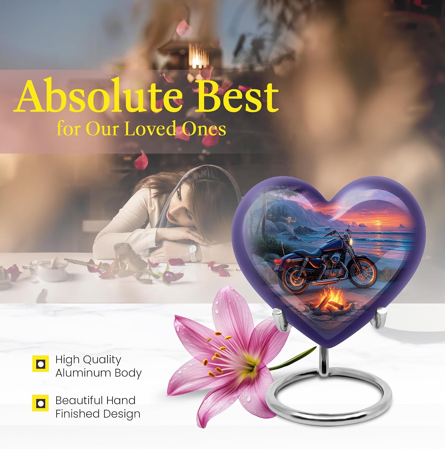 Motorcycle Urn for Ashes Adult Male - Purple Small Urns for Human Ashes Keepsake- Funeral & Burial Urn for Female & Male - Memorial Gift for Grandfather - Combo 10 Inch & 3 Inch, Pack of 5
