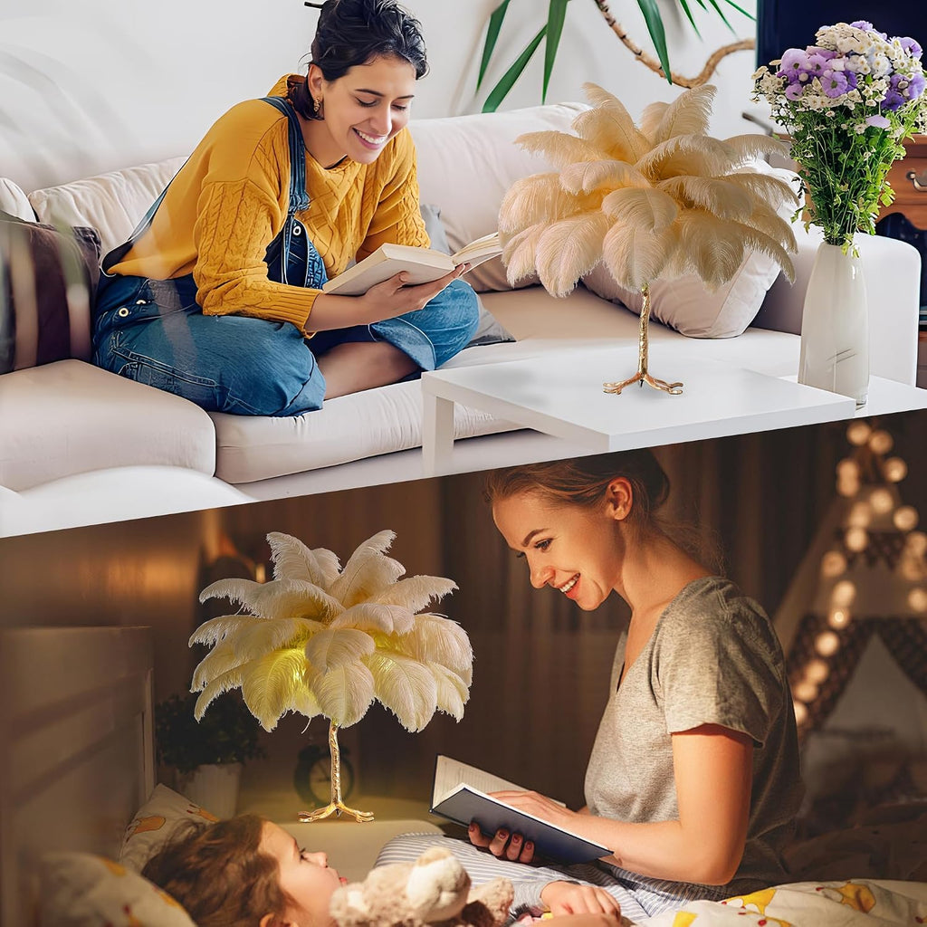 MAYOLA Modern Ostrich Feather Table Lamp with Plug in Wire,3-Light Bedside Floor Lamp for Living Room, Bedroom and Office 24' Tall Feather Desk Lamp (Ostrich Color, Table Lamp-Resin)