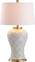 JONATHAN Y 29' Cream Textured Ceramic Table Lamp, Transitional Quatrefoil Trellis Design with White Linen Drum Shade and Brass Accents for Living Room, LED Bulb Included JYL4024A