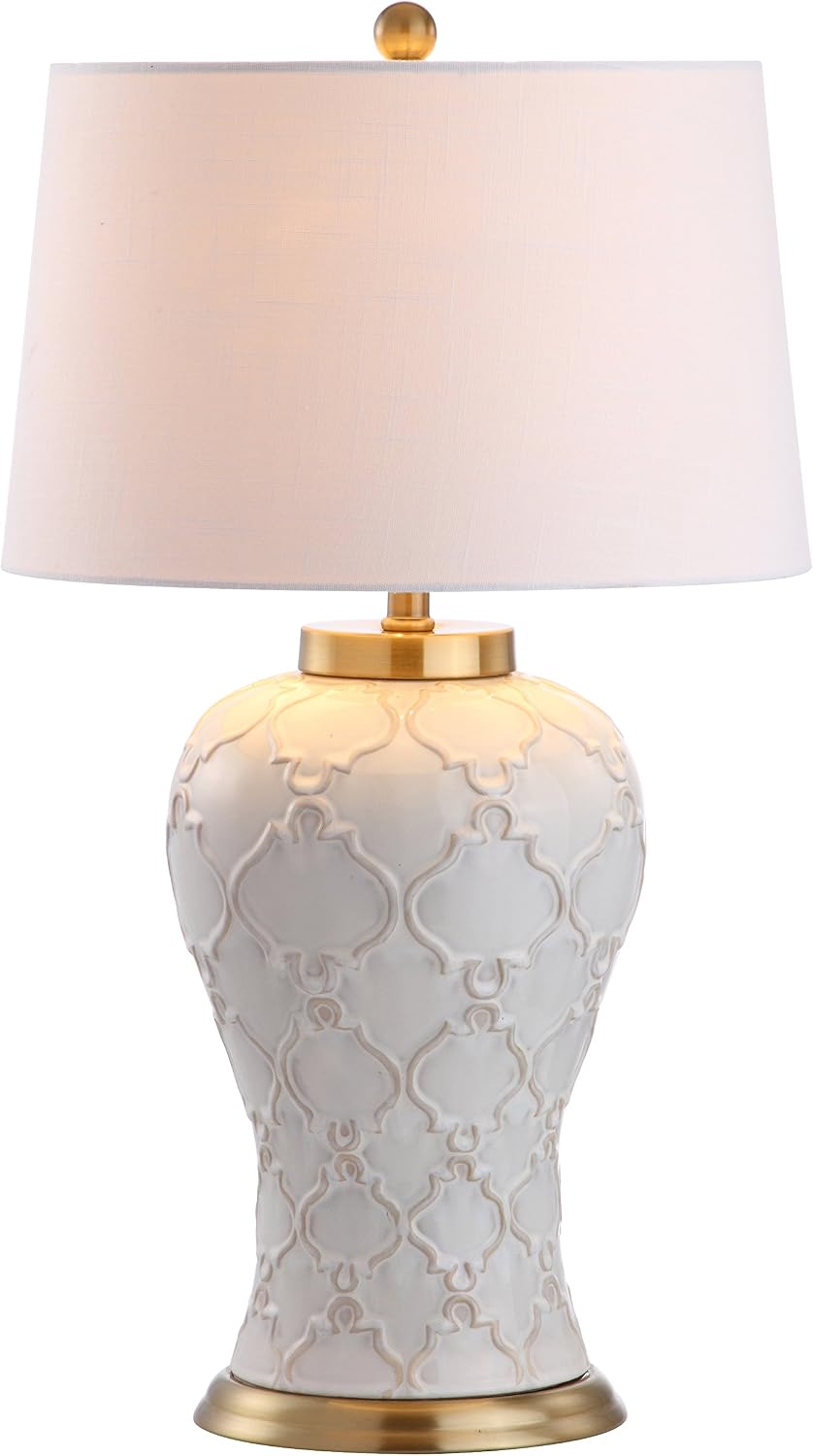 JONATHAN Y 29' Cream Textured Ceramic Table Lamp, Transitional Quatrefoil Trellis Design with White Linen Drum Shade and Brass Accents for Living Room, LED Bulb Included JYL4024A