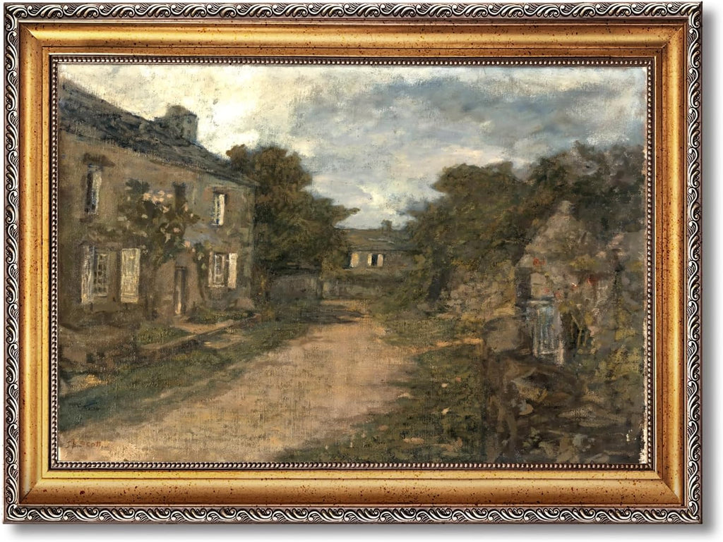 Large Framed Vintage European Village Street Canvas Wall Art Antique Old Town Oil Painting Print Rustic Architectural Landscape Poster Artwork Classic Country Picture Decor for Living Room 24x36inch
