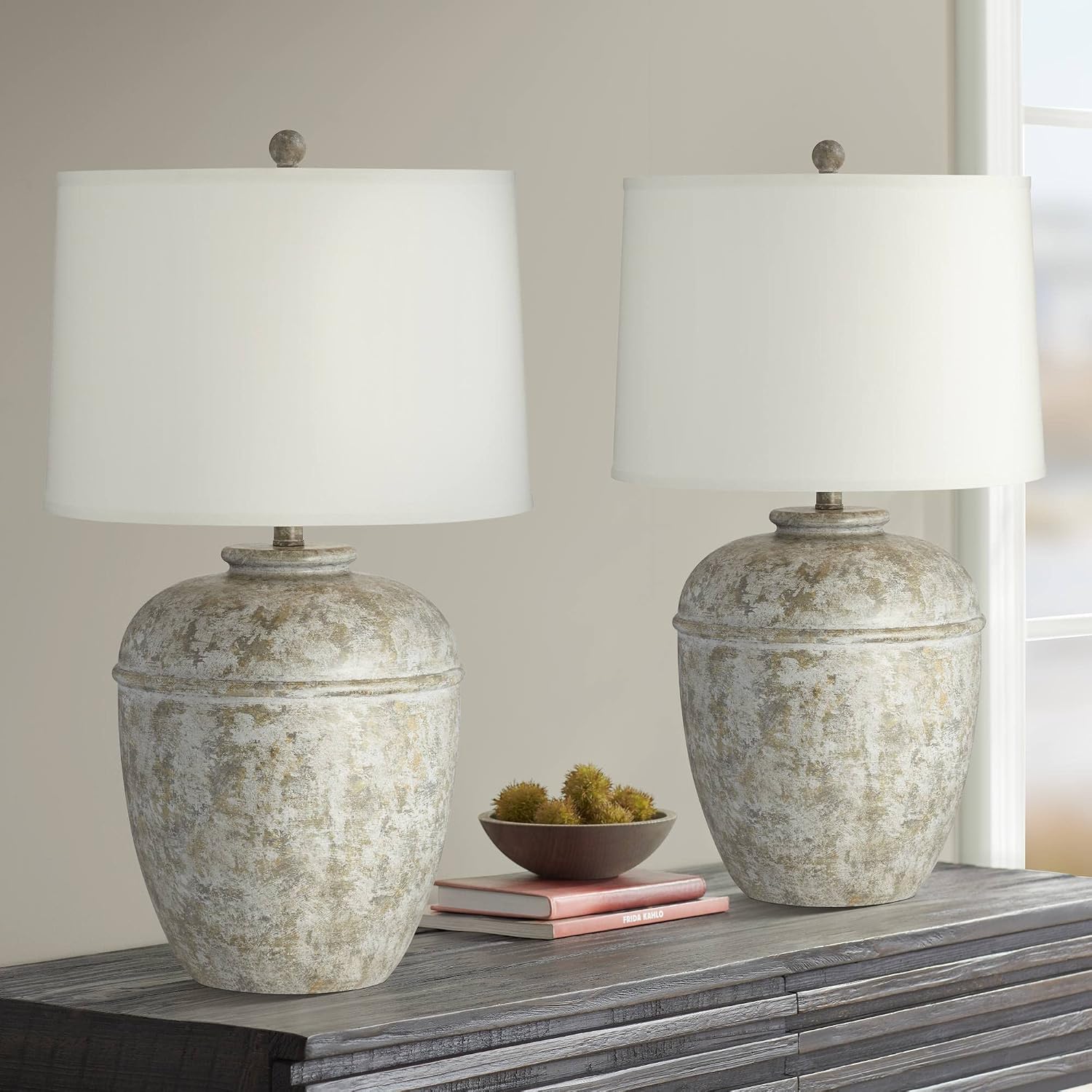 John Timberland Otero 27' Tall Jug Farmhouse Rustic Country Cottage Core Southwestern Table Lamps Set of 2 Mottled Stone Finish Living Room Bedroom Bedside Nightstand House Office Home Cream Shade