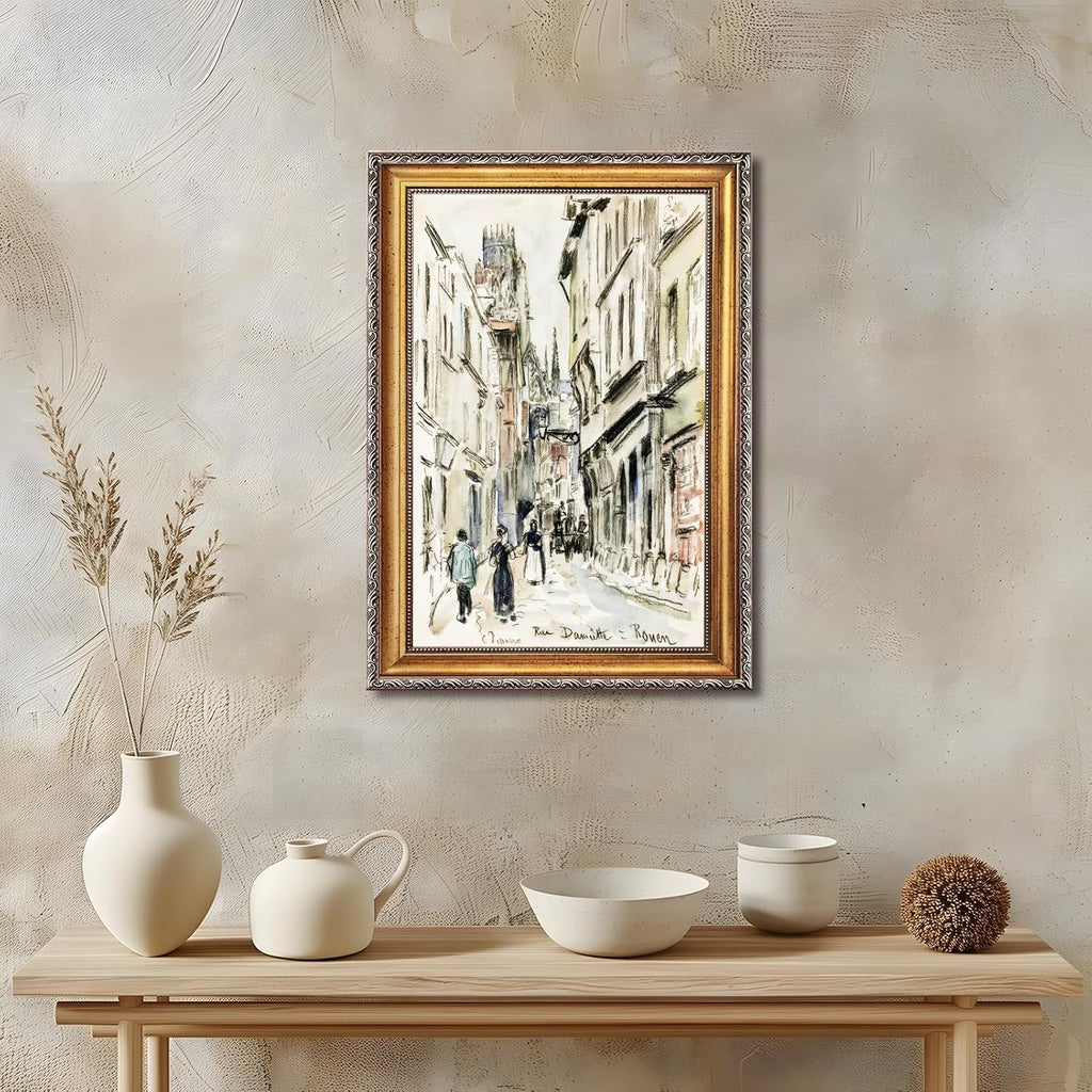 Large Framed European Old Town Street Sketch Canvas Wall Art Rue Damiette Rouen Poster by Camille Pissarro Classic Oil Paintings Reproduction Artwork Print Rustic City Scene Decor