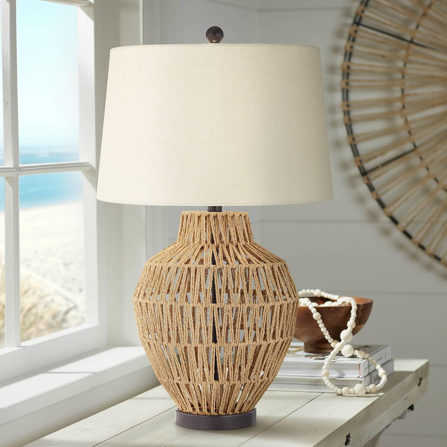 360 Lighting San Marcos 27' Tall Modern Coastal Cottage Core Table Lamps Set of 2 Natural Wicker Metal Fabric Oatmeal Shade Living Room Bedroom Bedside Nightstand House Office Home Reading Kitchen