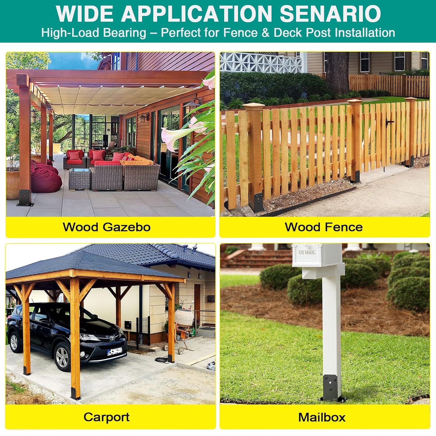 4x4 Post Base, Heavy-Duty Stainless Stee Powder-Coated Fence Post Anchor Base with Air Flow Channel for Decks, Fences, Mailboxes, Gazebos, 4PCS