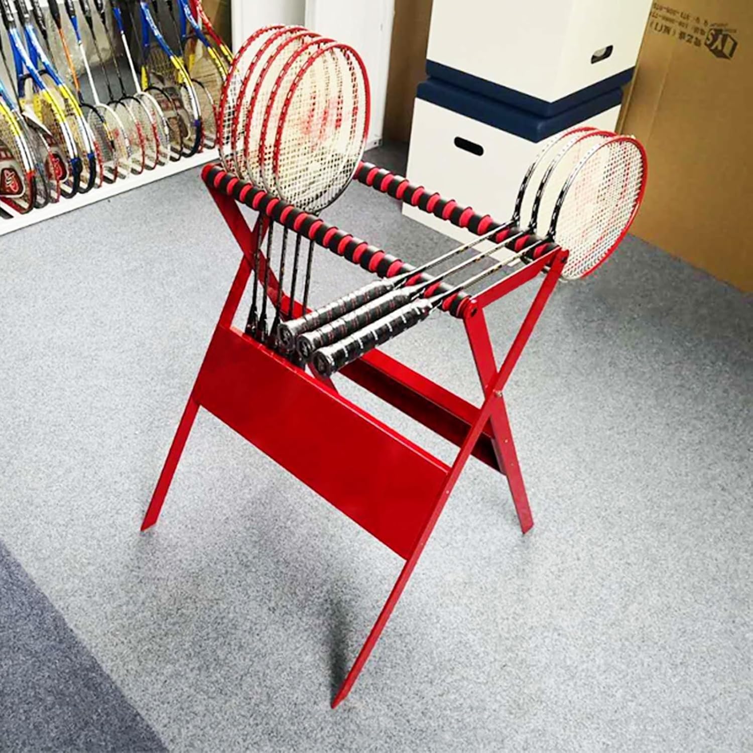Commercial Gym Exercise Ball Holder Red Tennis Racket Storage Organizer, Floor-Standing Tennis Training Equipment for Youth Kids, Indoor Backyar Display Stand