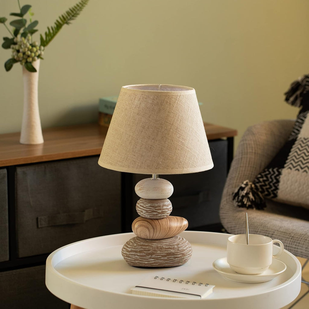 Quickway Imports Designer Table Lamps, Decorative Ceramic Table Lamp, with Beige, Brown, and White Stones and Beige Linen Lampshade, 14 inches Tall, Unique Lamp for Living Room or Bedroom