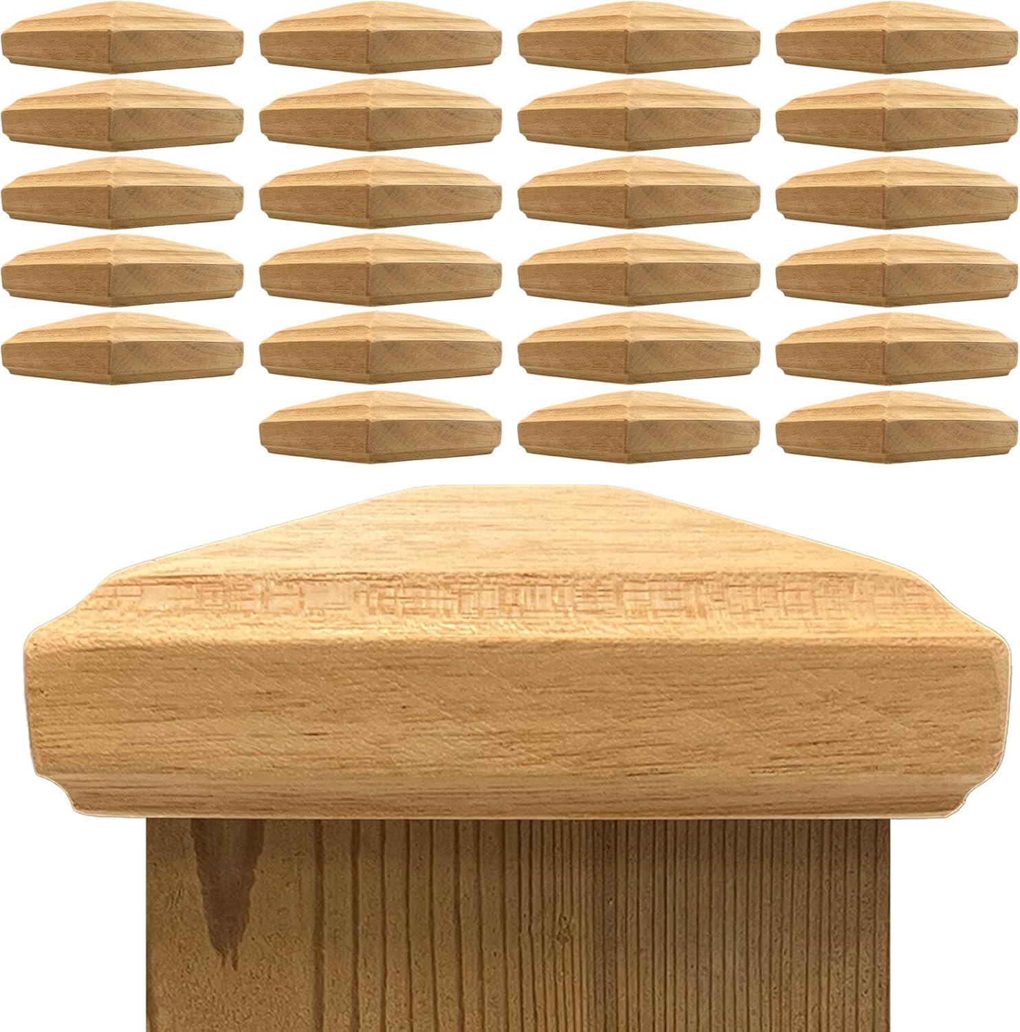 3.5' x 3.5' Wood ONE-Piece Slip Over Post Cap - Traditional Pyramid - 24 Pack - One-Piece Miterless - 3/8' Extended Lip - (for 4x4 Post Measuring 3-1/2' x 3-1/2')