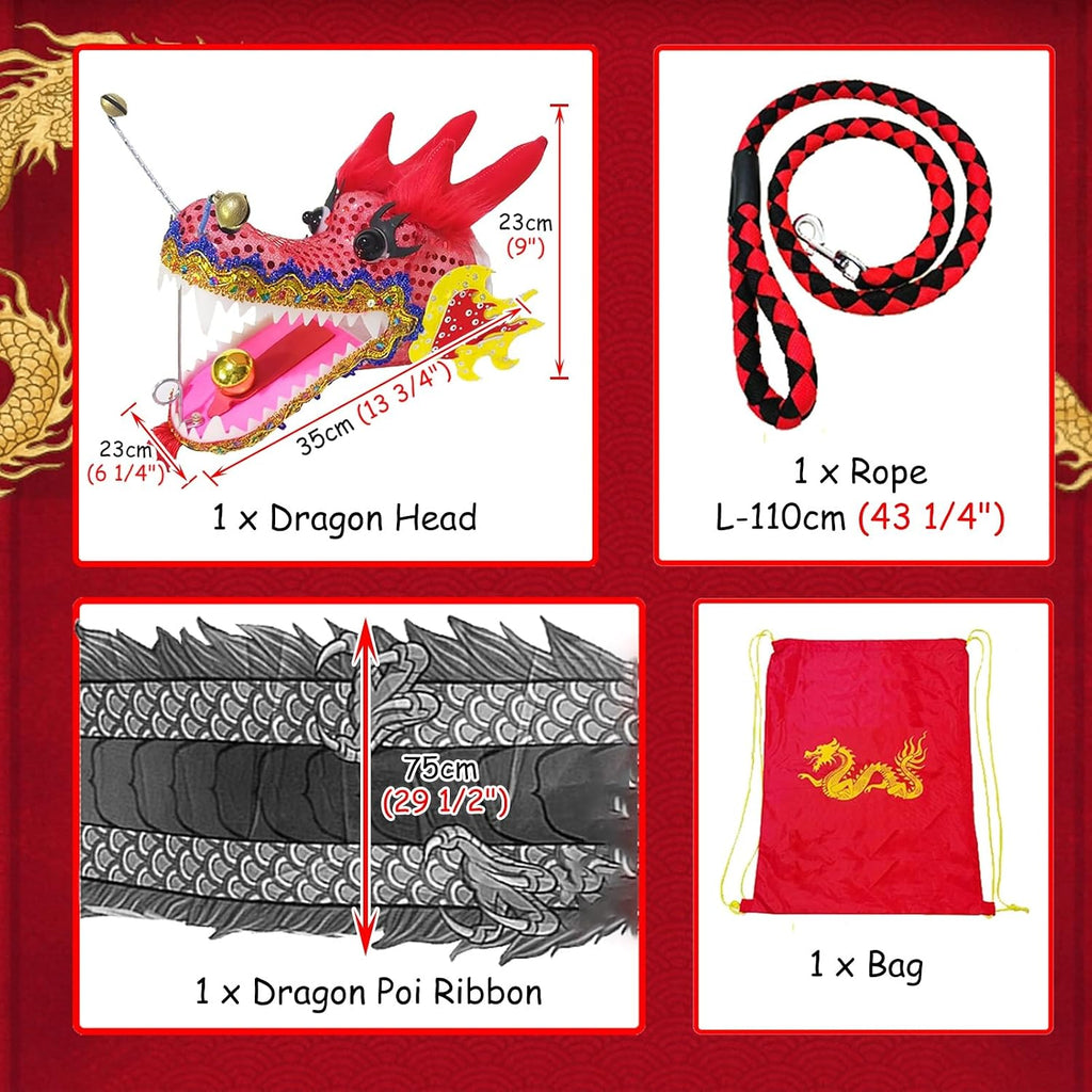 Dragon Poi with Flowing Silk Streamers – Chinese Dragon Head Spinning Toy, 8m/10m/12m Long Outdoor Dance Ribbons – Includes Portable Carry Bag, Perfect for Flow Arts, Festivals & Performance
