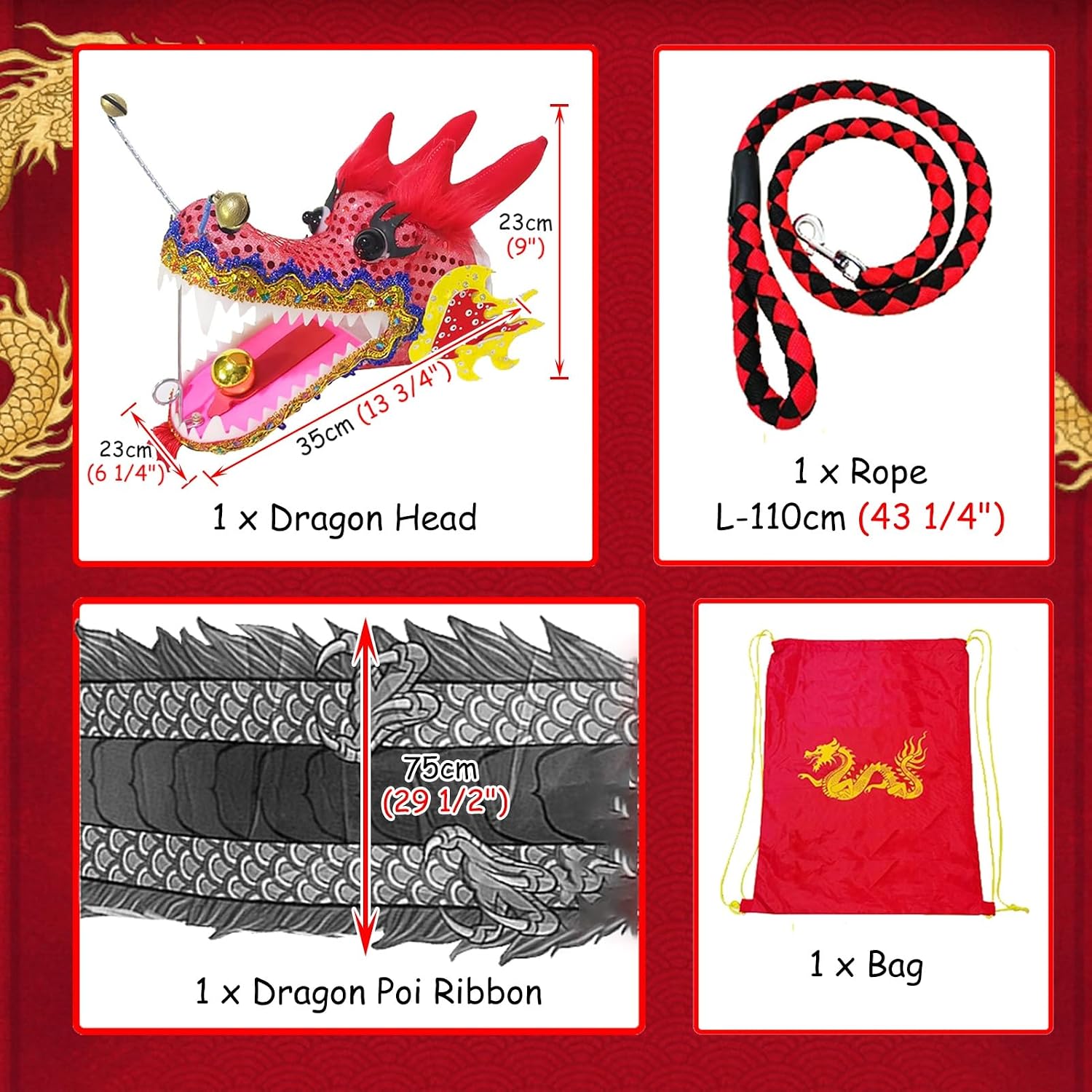Dragon Poi with Flowing Silk Streamers – Chinese Dragon Head Spinning Toy, 8m/10m/12m Long Outdoor Dance Ribbons – Includes Portable Carry Bag, Perfect for Flow Arts, Festivals & Performance