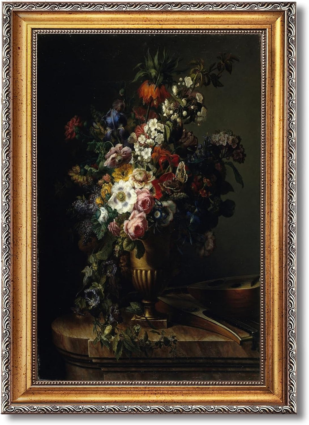 Large Gold Framed 19th Century Classical Floral Oil Painting Canvas Poster Vintage European Flowers Dark Wall Art Retro Bouquet of Peony Rose Iris Artwork Prints for Bedroom Home Deocr 24x36inch