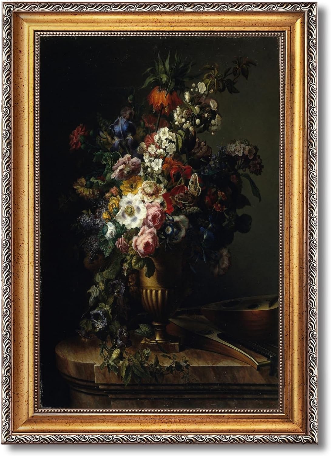 Large Gold Framed 19th Century Classical Floral Oil Painting Canvas Poster Vintage European Flowers Dark Wall Art Retro Bouquet of Peony Rose Iris Artwork Prints for Bedroom Home Deocr 24x36inch