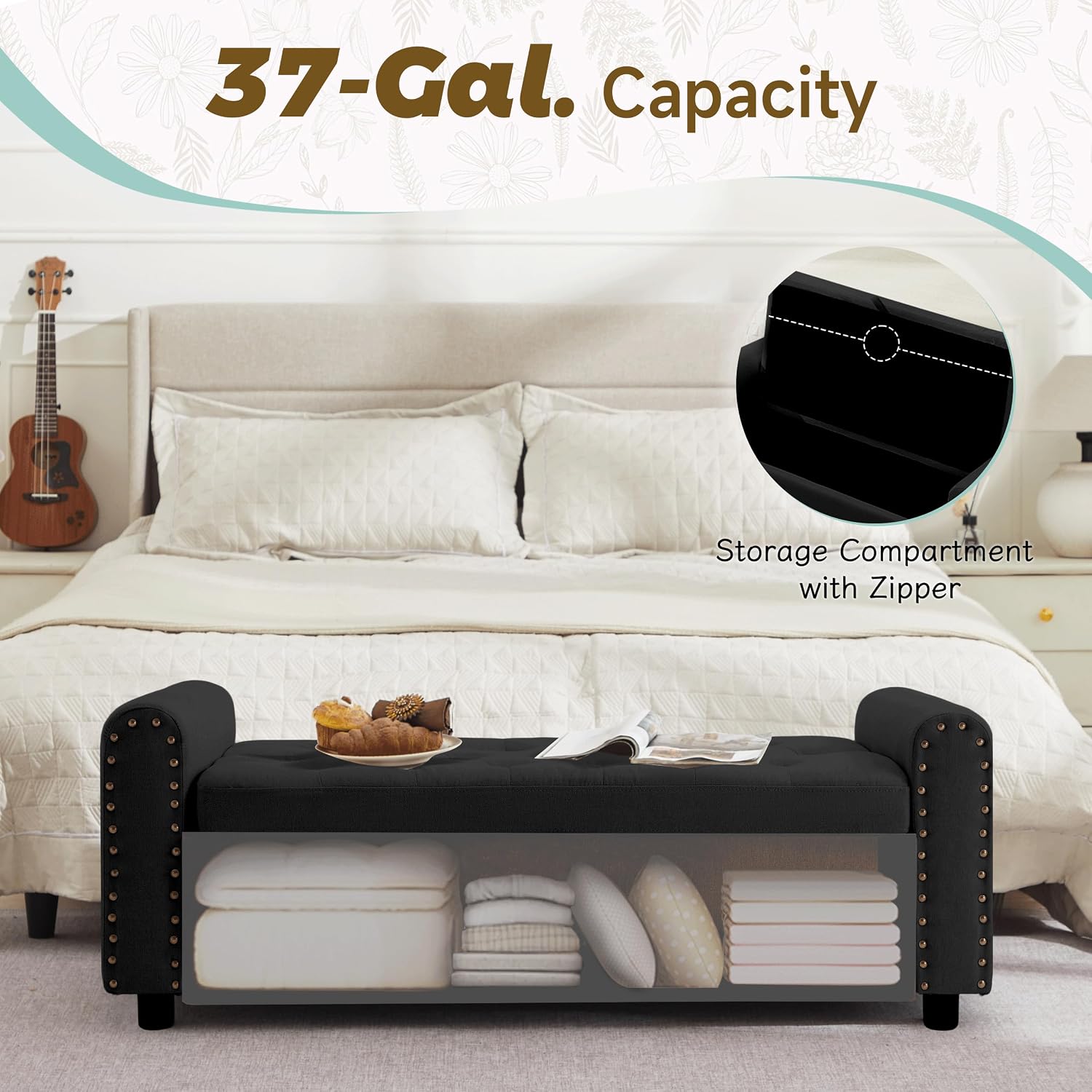 Ottoman with Storage, Tufted Storage Bench for Bedroom, 48' Fabrics End of Bed Bench, Upholstered Entryway Shoe Benches with Rolled Arm & Inner Zipper, Window Ottomans Chest with Rivets, Black
