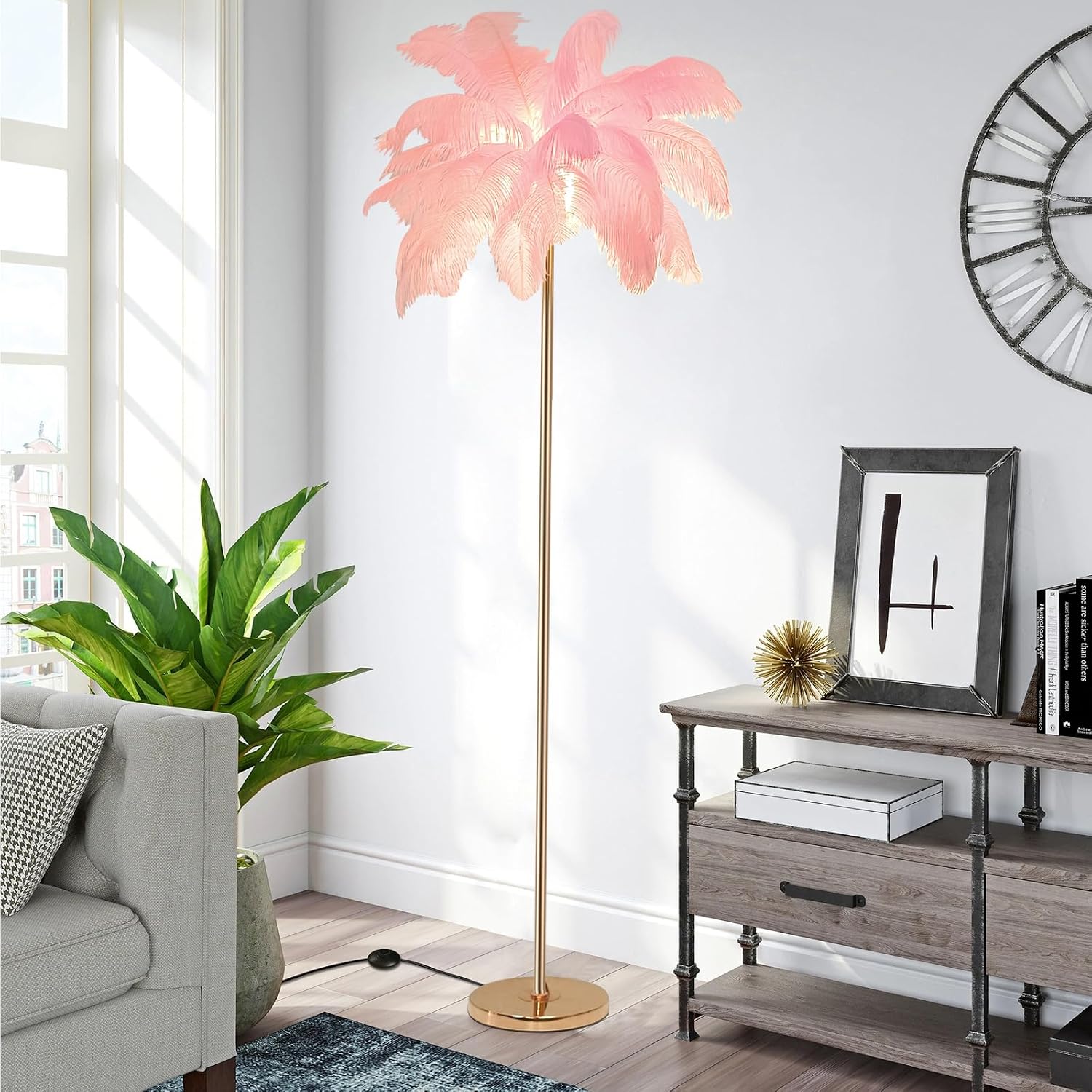ZYLEIESENBAO Pink Feather Lamp Romantic Ostrich Feather Floor Lamp 3*G9bulbs Nordic Fluffy Standing Lamp for Creative Reading Lamp for Living Room Girl Bedroom Entryway Wedding Valentines Dating Gift
