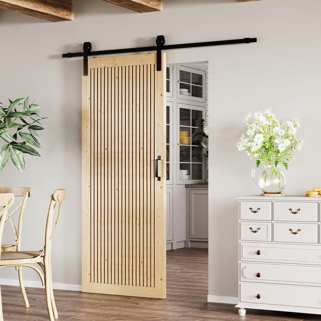 BARNER HOME 30in x 84in Pine Wood Barn Door, 1-lite Decorative Sliding Door with Hardware Kit Included, Pre-Drilled Easy to Assemble, DIY Unfinished Solid Core Single Door, Natural