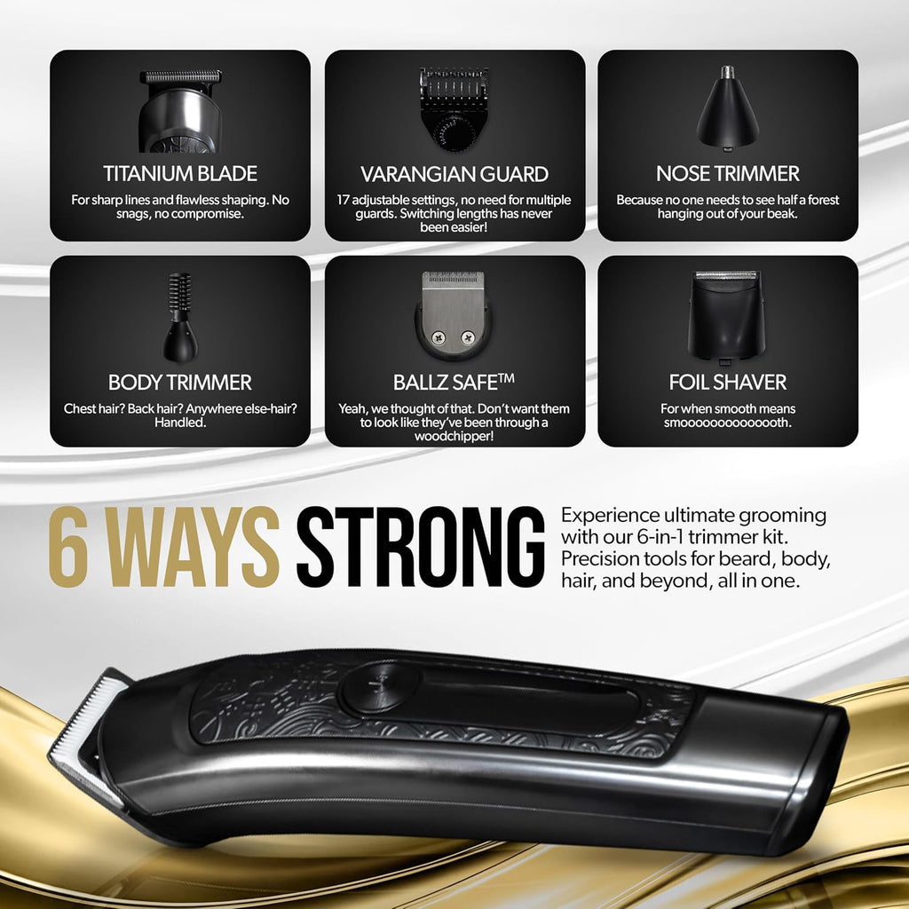 The Beard Struggle Varangian Beard Trimmer® 6-in-1 for Hair, Beard, Body & Beyond, Titanium Blade, 17 Length Adjustable Blade with Digital LED Display, Cordless Clipper