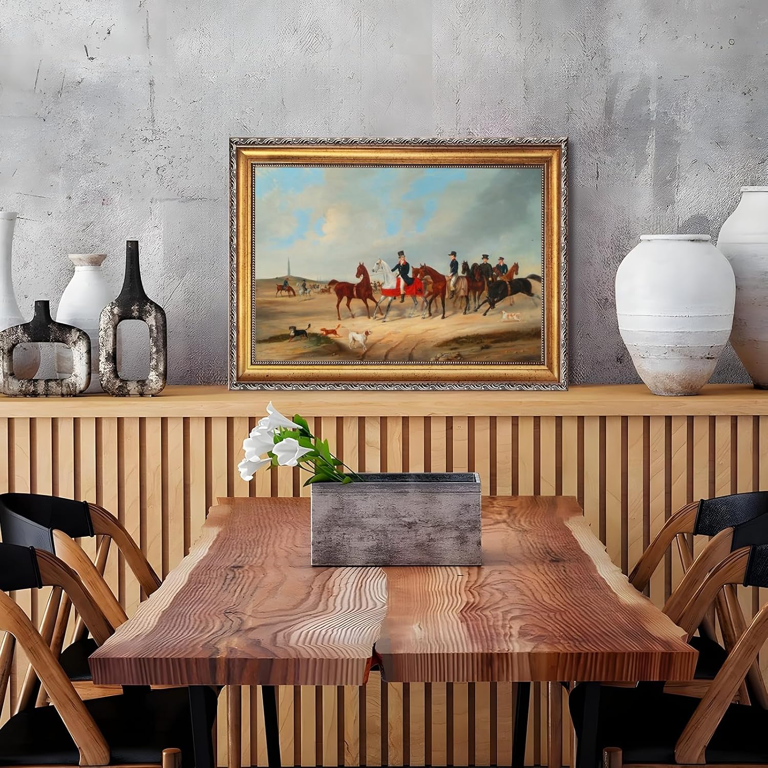 Large Framed Cavalcade with Dogs By August von Rentzel Canvas Wall Art Vintage European Hunting Oil Paintings Reproduction Poster Fox Hunt Equestrian Scene Artwork Prints Home Decor 24x36inch