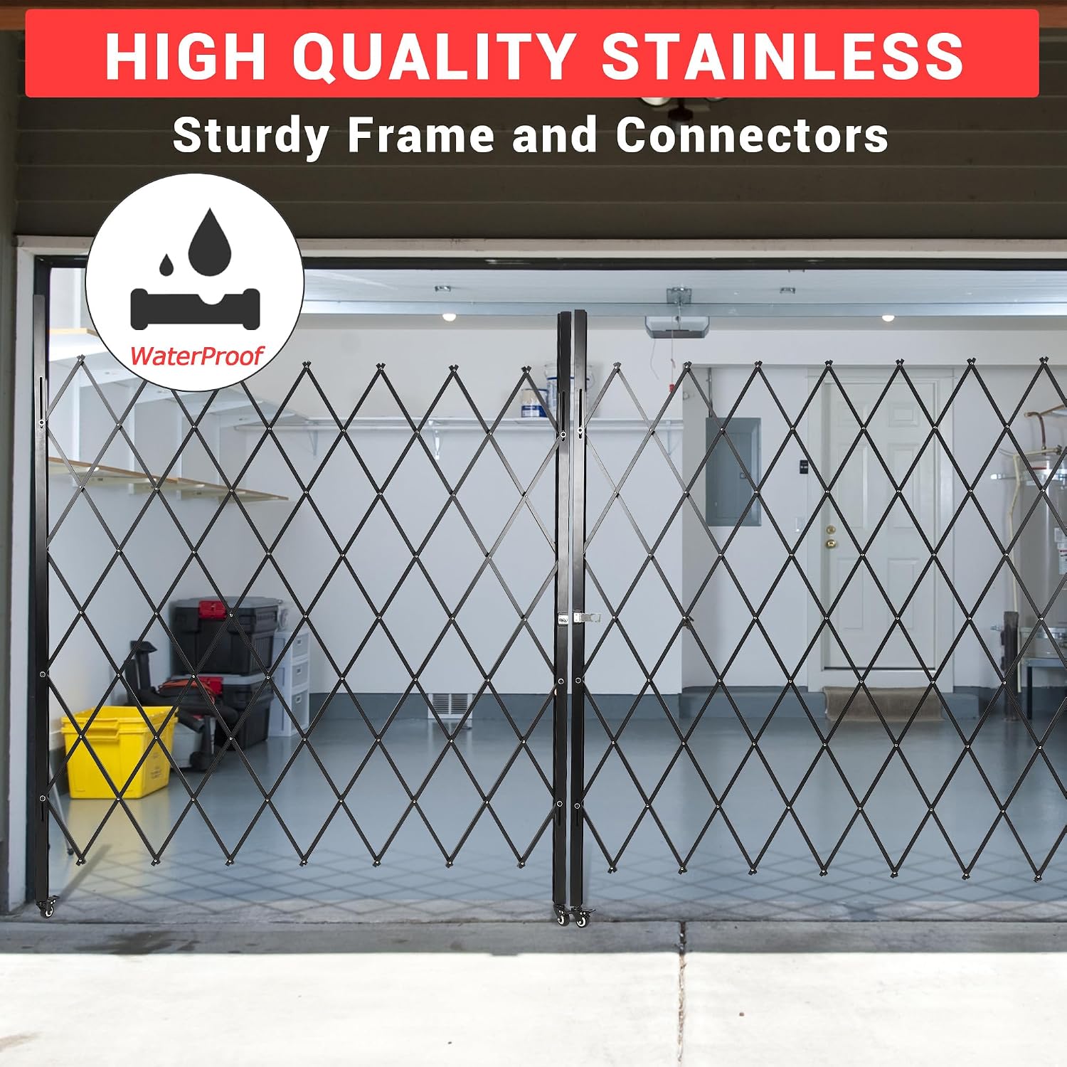 87' H x 150' W Folding Security Gate, Heavy Duty Steel Expandable Barrier Bi-fold Door with 360° Swivel Casters & Key Lock, Retractable Rolling Scissor Gate for Garage Driveway Warehouse, Black