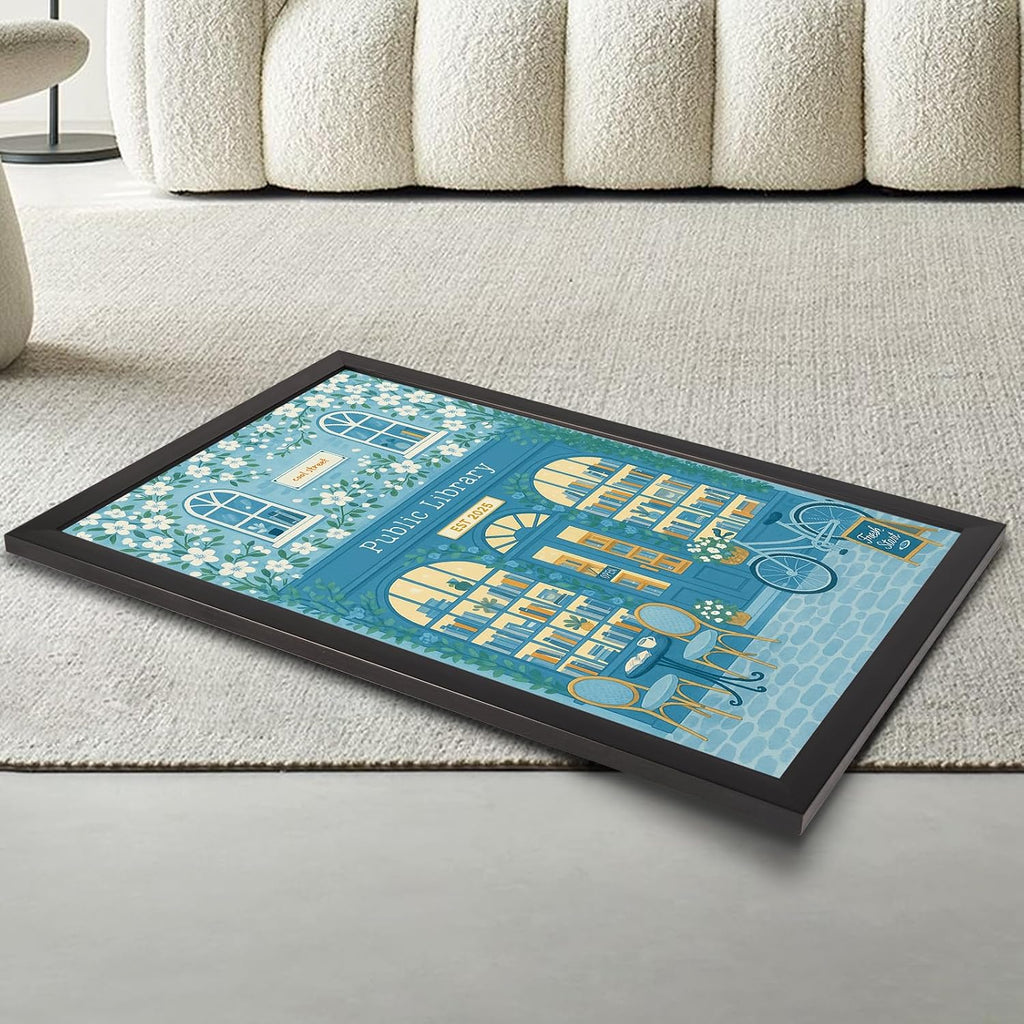 Black Framed Flat Vintage Public Library Illustration Poster Cool Street Est 2025 Canvas Wall Art Book-Filled Windows Prints Painting For Home Bedroom Dorm Wall Decor 24x36in Black Framed Flat