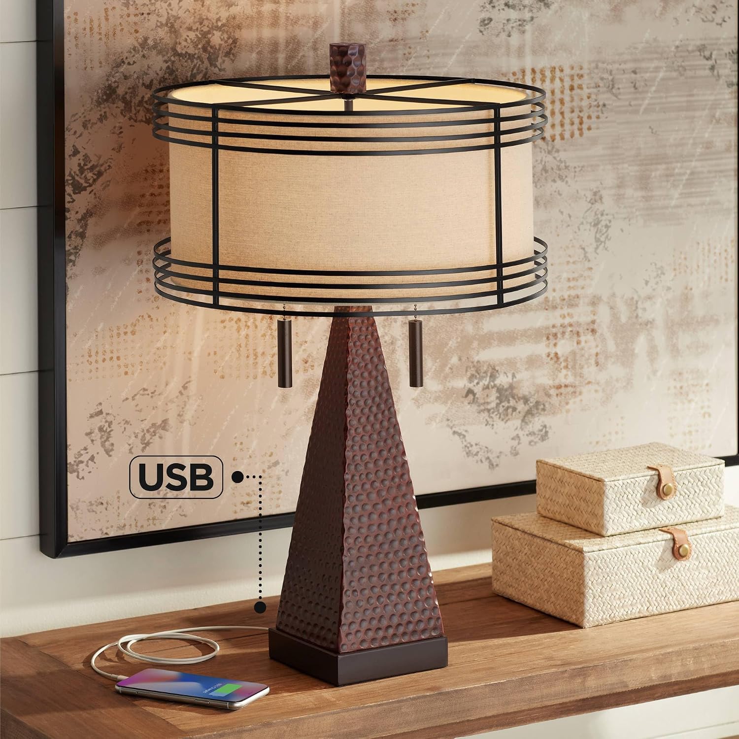 Franklin Iron Works Niklas 26' High Industrial Farmhouse Rustic Table Lamps Set of 2 USB Port Pull Chain Brown Bronze Finish Metal Tan Shade Living Room Charging Bedroom Bedside Nightstand House