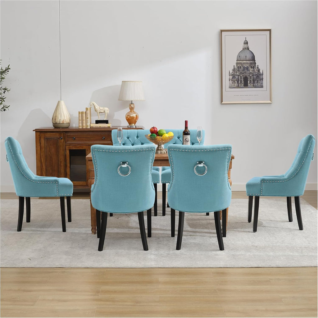 adochr Dining Chairs Set of 2, Mid-Century Modern Kitchen Chairs with Linen Fabric & Wooden Legs, Button-Tufted Back for Dining Room, Metal Rivets and Pull Rings Design, Light Blue