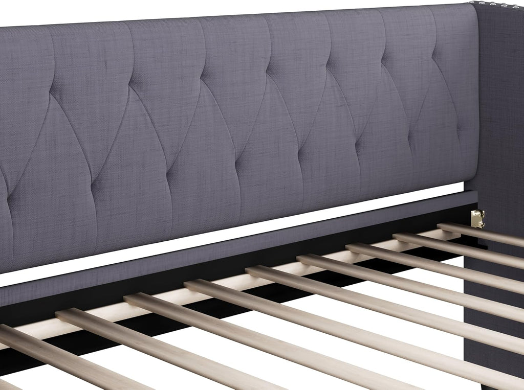 Christopher Knight Home Twin XL Daybed Frame with Two Drawers, Linen Fabric Upholstered Sofa Couch, 85'' Living Room Sleeper Sofa, Cozy Daybed for Bedroom, Diamond-Tufted Design, Rivet Armrests, Gray