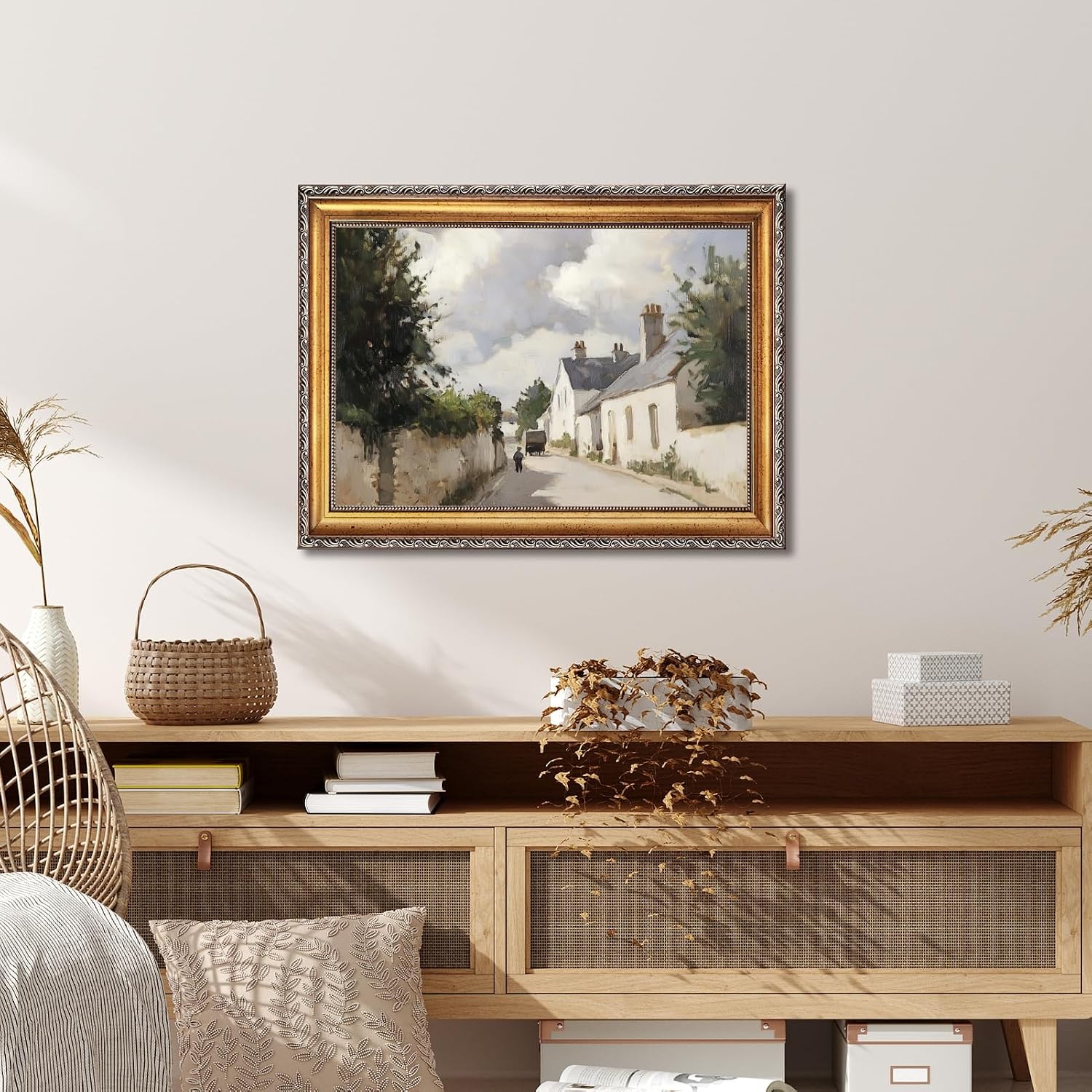 Large Framed Vintage Irish Cottage Street Oil Painting Poster Retro European Village Landscape Canvas Wall Art Sunlit Countryside Path Artwork Prints for Rusitc Farmhouse Home Decor 24x36inch