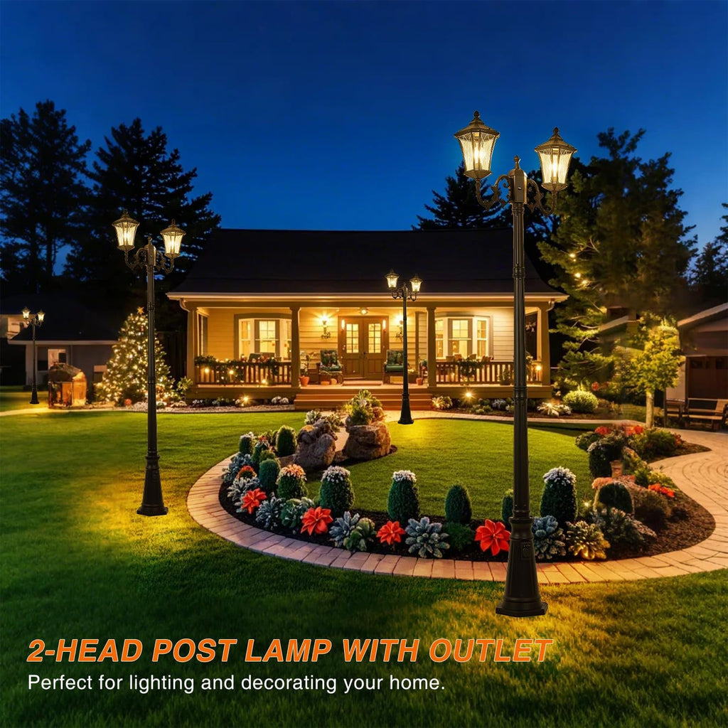 Dusk to Dawn Outdoor Lamp Post Lights with Outlet, Hardwired 2-Head Street Light Fixtures with Patterned Glass, Waterproof Outside Pole Lamps for Backyard, Garden, Driveway
