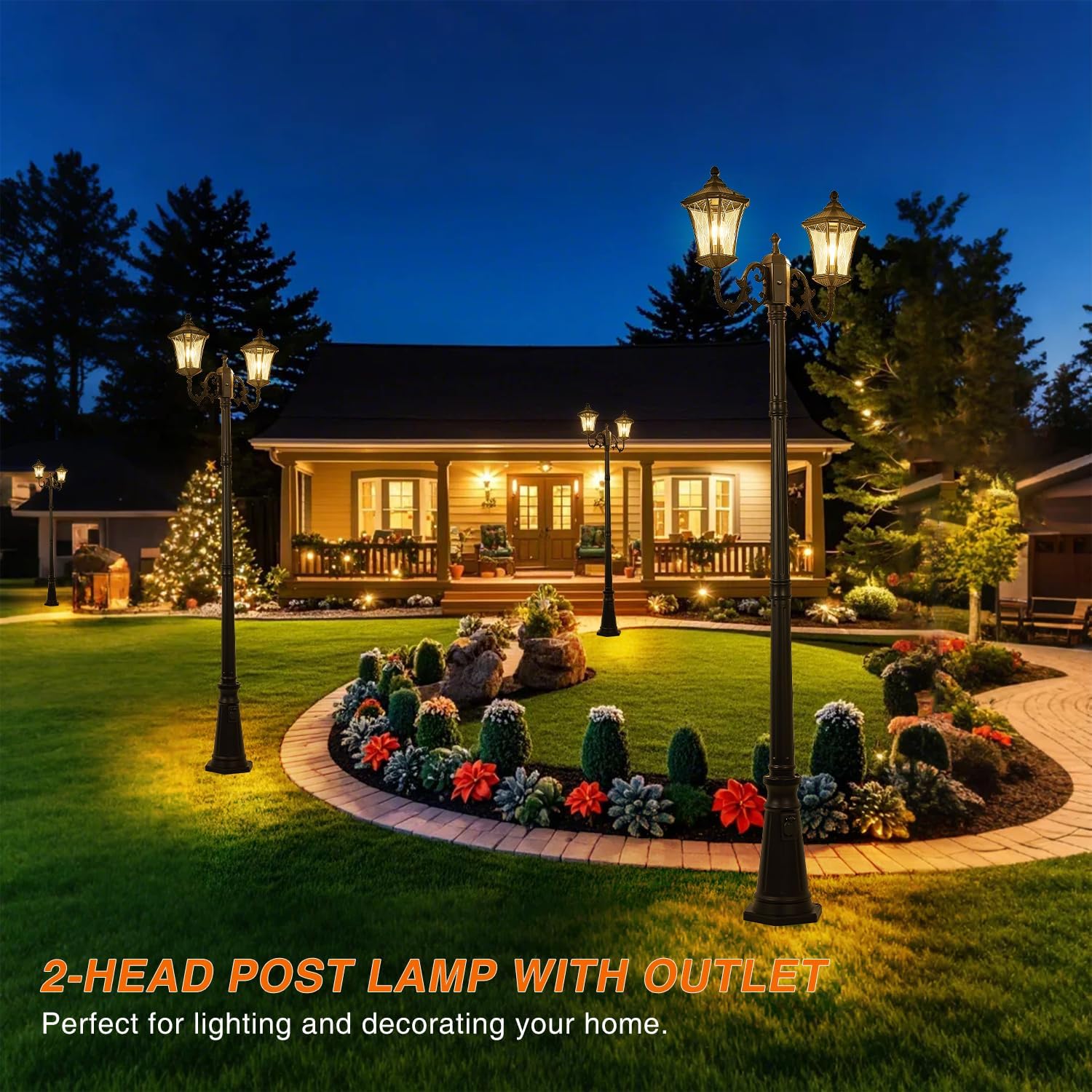 Dusk to Dawn Outdoor Lamp Post Lights with Outlet, Hardwired 2-Head Street Light Fixtures with Patterned Glass, Waterproof Outside Pole Lamps for Backyard, Garden, Driveway