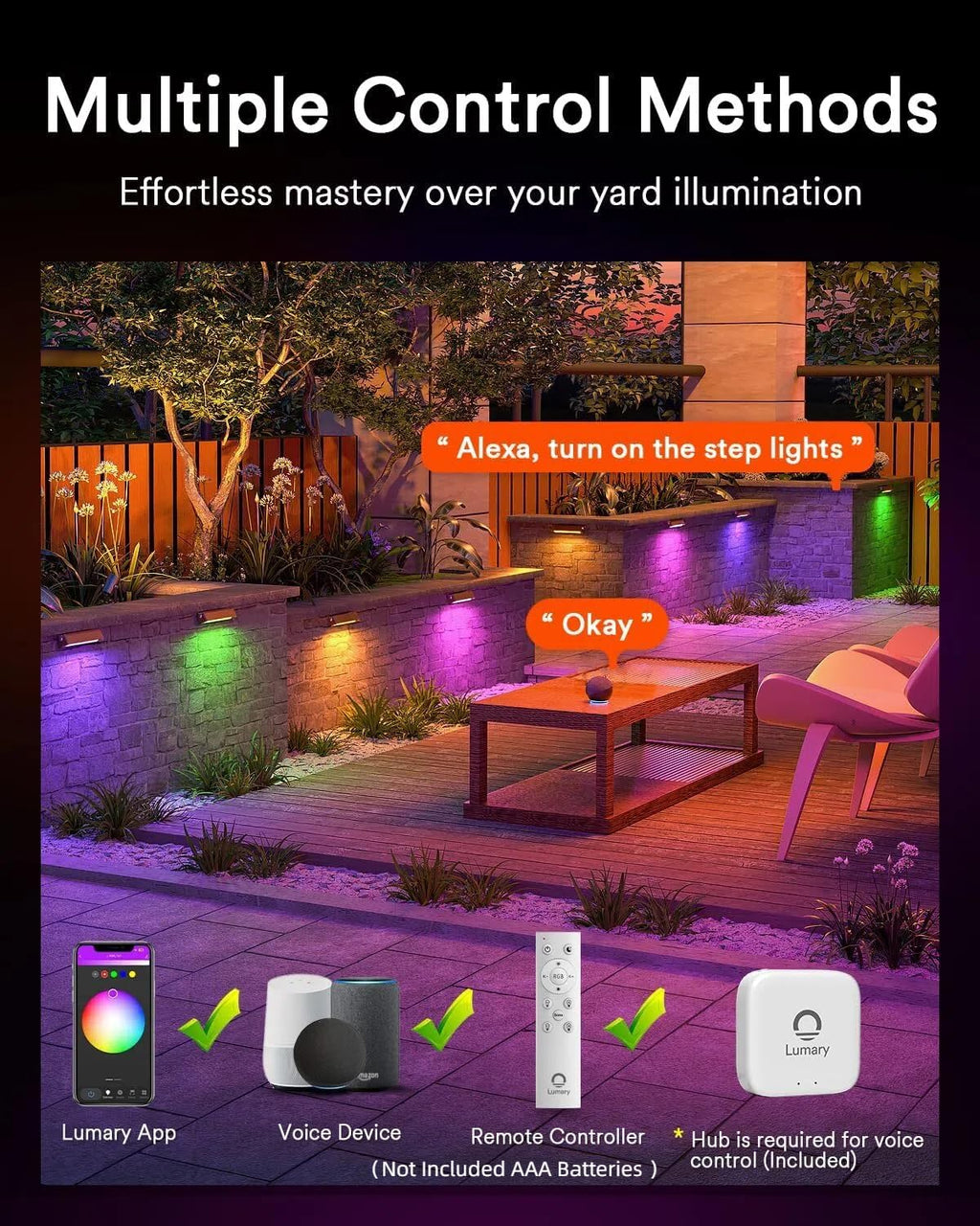Lumary 8 Pack 12-24V Low Voltage Retaining Wall Lights with Hub, 7 Inch Smart LED Hardscape Paver Lighting, 2200K-6500K RGBCW Color Changing Outdoor Landscape for Step, APP/Remote/Voice Control, Brown