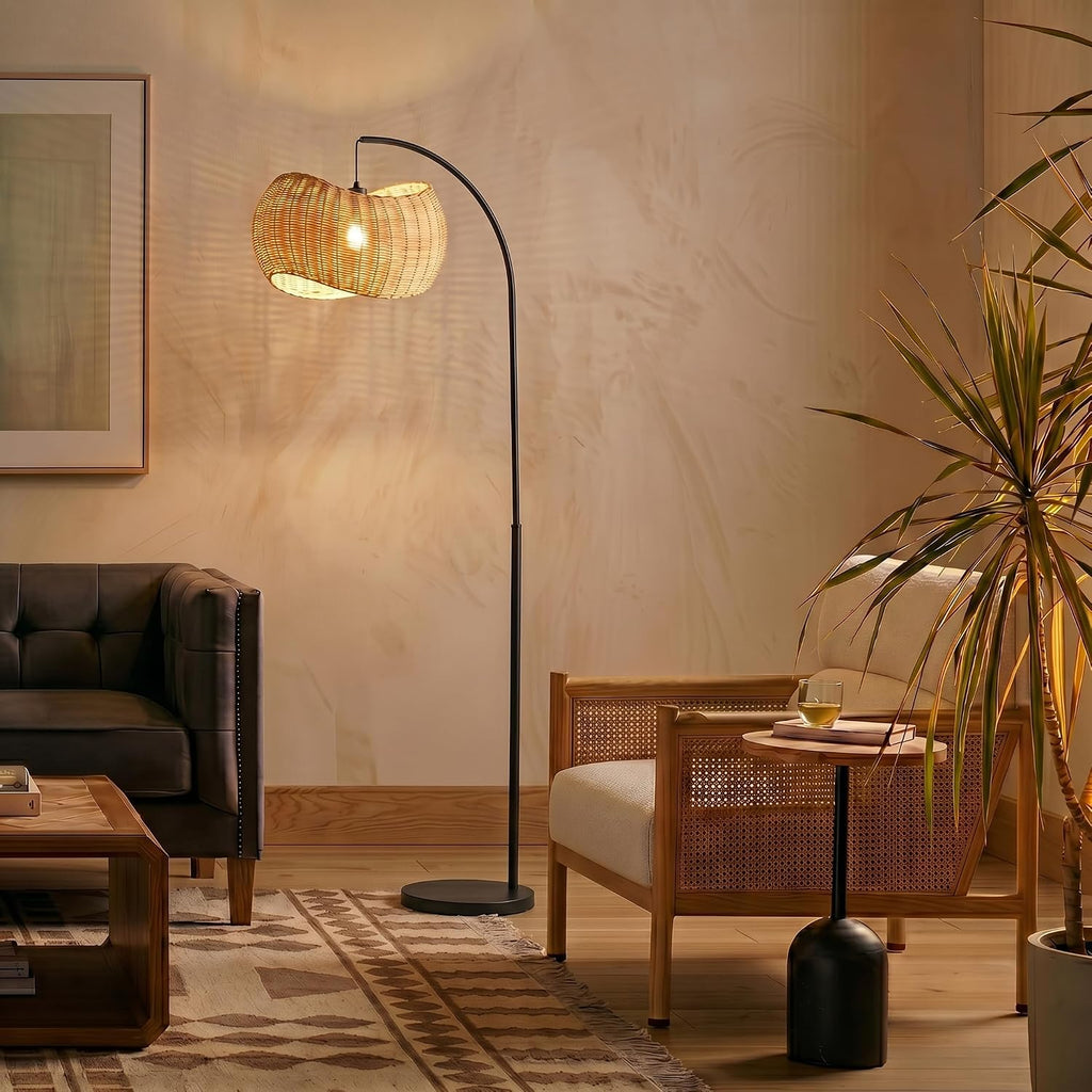 Brightech Wave Arc Floor Lamp - Chic Standing Lamp with Unique Hanging Wicker Pendant Shade for Living Room, Boho Rattan Natural Decor Lamp, Arcs Over Sofa, Bedroom & Office Desk for Reading - Black