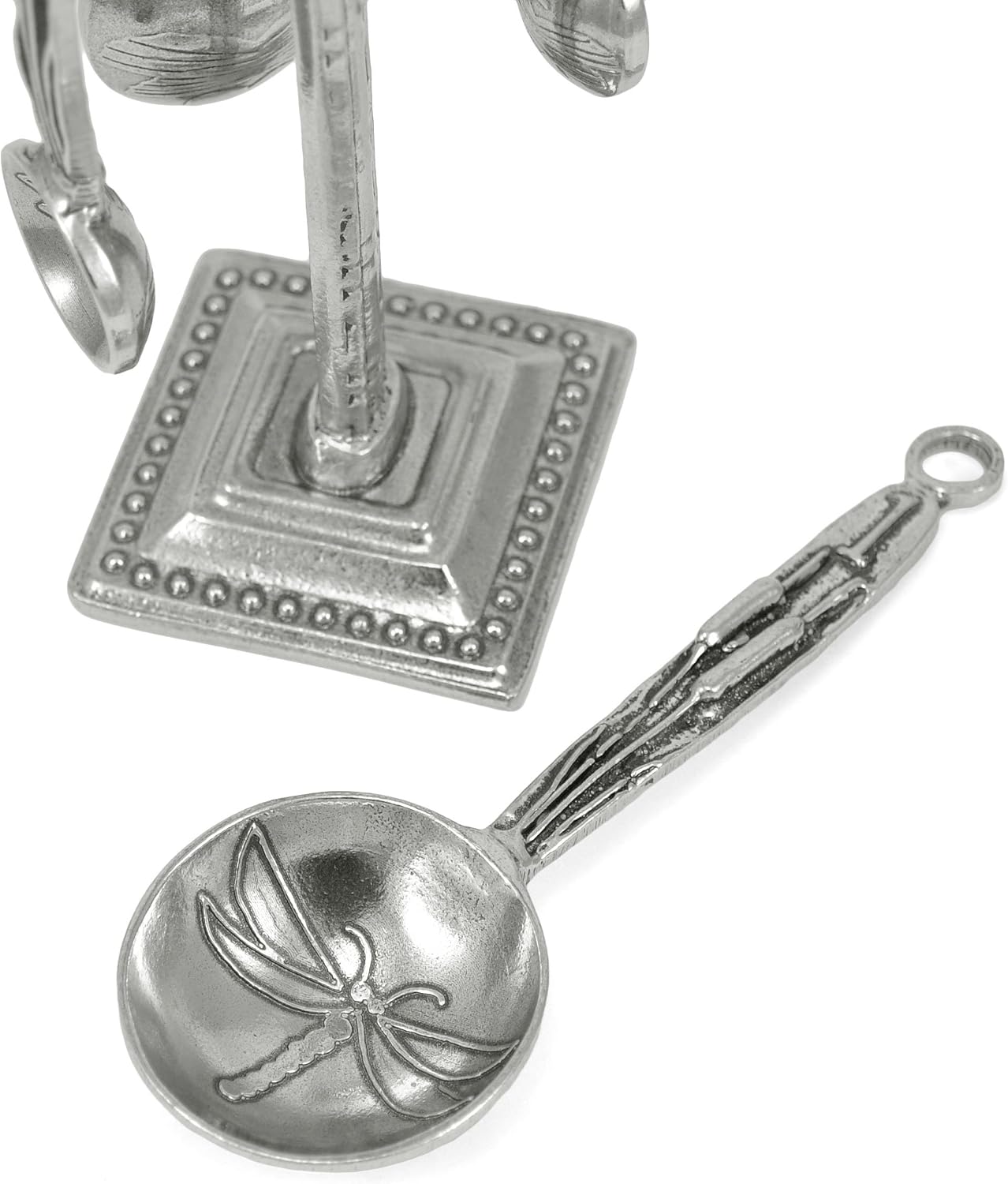 Crosby & Taylor Dragonfly Pewter Measuring Spoon Set on Pewter Display Post
