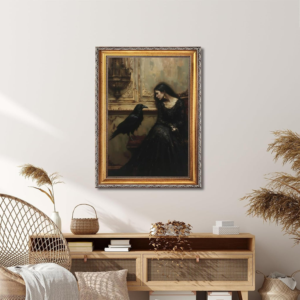 Licpach Retro Gold Frame Wall Art Vintage Gothic Woman Raven Dark Academia Decor Canvas Print Moody Victorian Portrait Painting Horror Aesthetic Artwork Witchy Poster for Bedroom Bathroom 24x36inch
