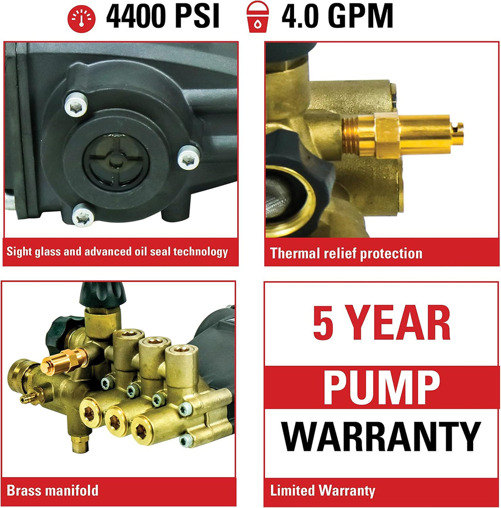 AAA 4400 PSI 4.0 GPM Horizontal Replacement Pressure Washer Pump Kit, 90034 | Industrial Grade Horizontal Triplex Plunger Replacement Pressure Washer Pump Kit, 1' Shaft, Includes Hardware & Siphon Tube