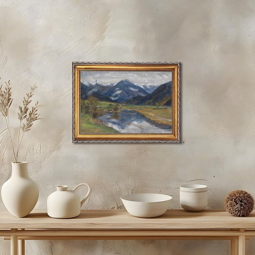 Large Gold Framed Hinterstein from the Water Canvas Poster by Otto Modersohn Vintage Alpine Landscape Wall Art European Mountain River Oil Paintings Reproduction Artwork Print for Home Decor 24x36inch