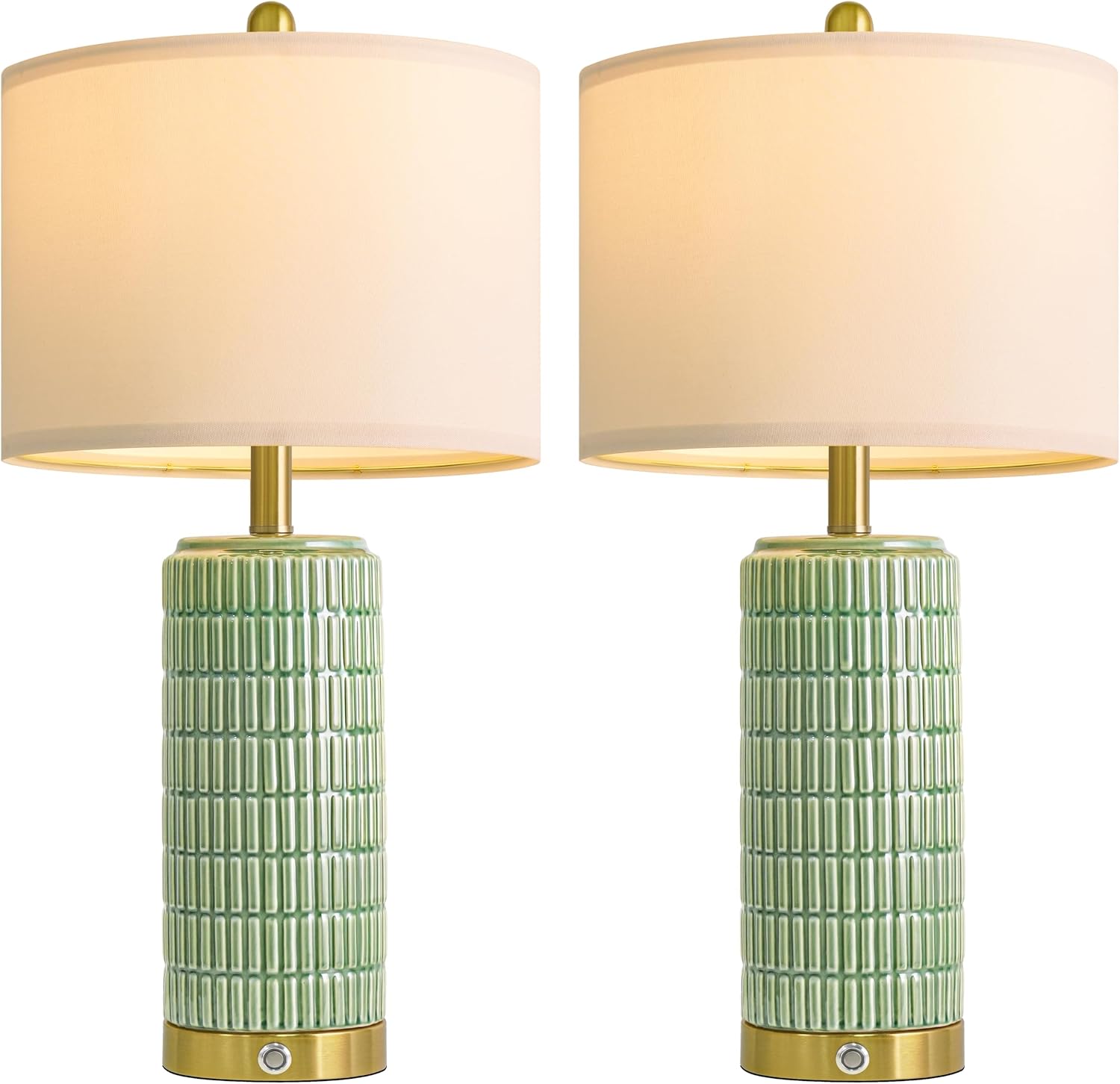 PoKat 25'' Bedside Table Lamps Set of 2 for Living Room with USB A&C Ports, Touch Lamps with 3-Way Dimmable Control for Bedroom, Farmhouse Green Lamps for Nightstand Office Hallway (Bulbs Included)