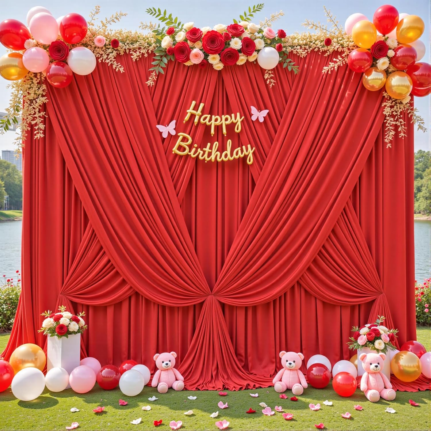 10 Panels Red Backdrop Curtain for Parties Wedding Wrinkle Free Red Photo Curtains Backdrop Drapes Fabric Decoration for Christmas Birthday Party Baby Shower 50ft(W) x 10ft(H)