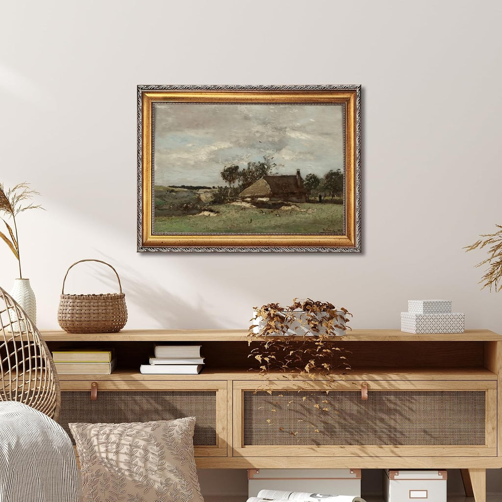 Large Framed Pastoral European Farm Landscape Art Painting Rustic Rural Scene Nature Canvas Wall Art Vintage Farmhouse Pictures Decor Natural Country Print Artwork for Living Room Bedroom 24x36inch