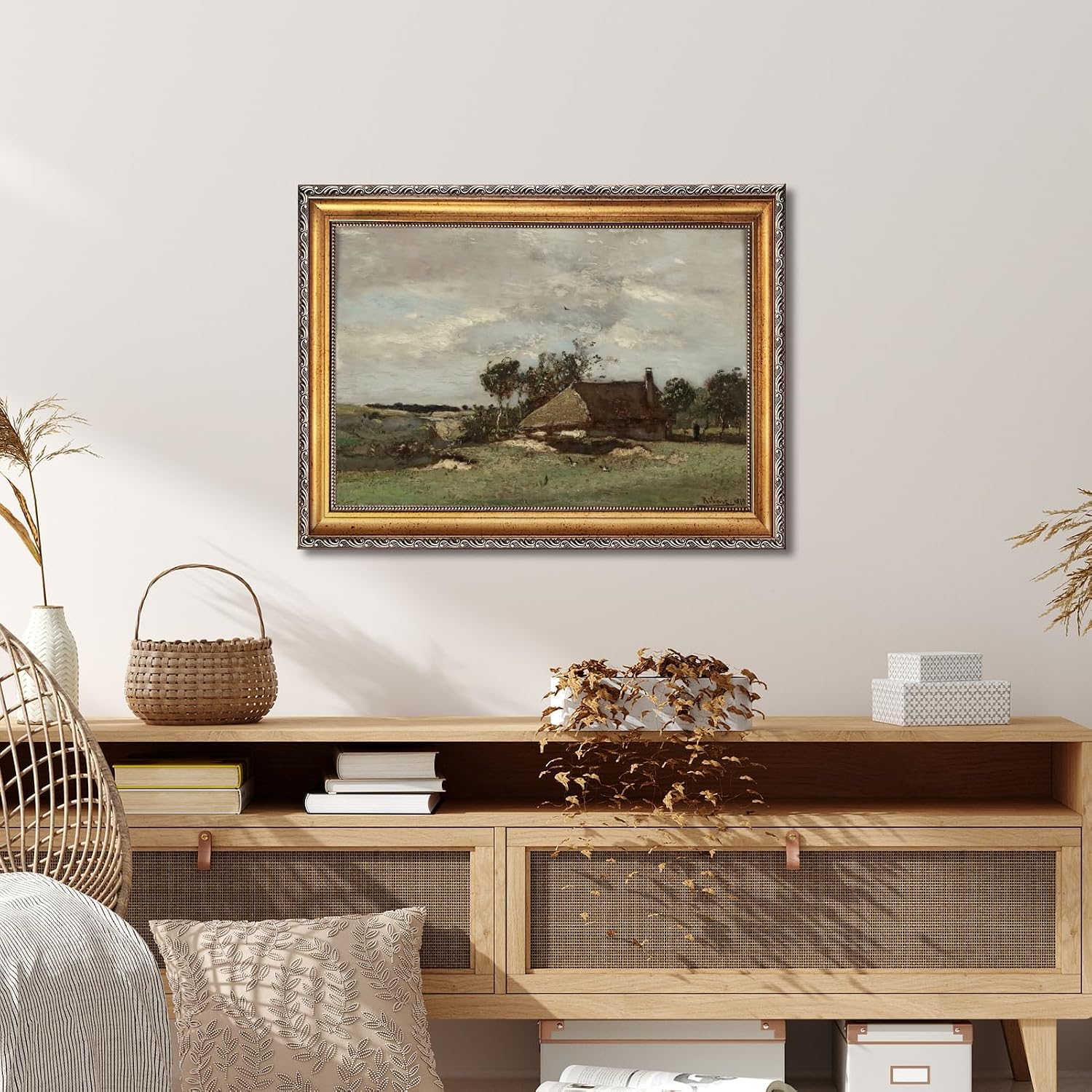 Large Framed Pastoral European Farm Landscape Art Painting Rustic Rural Scene Nature Canvas Wall Art Vintage Farmhouse Pictures Decor Natural Country Print Artwork for Living Room Bedroom 24x36inch