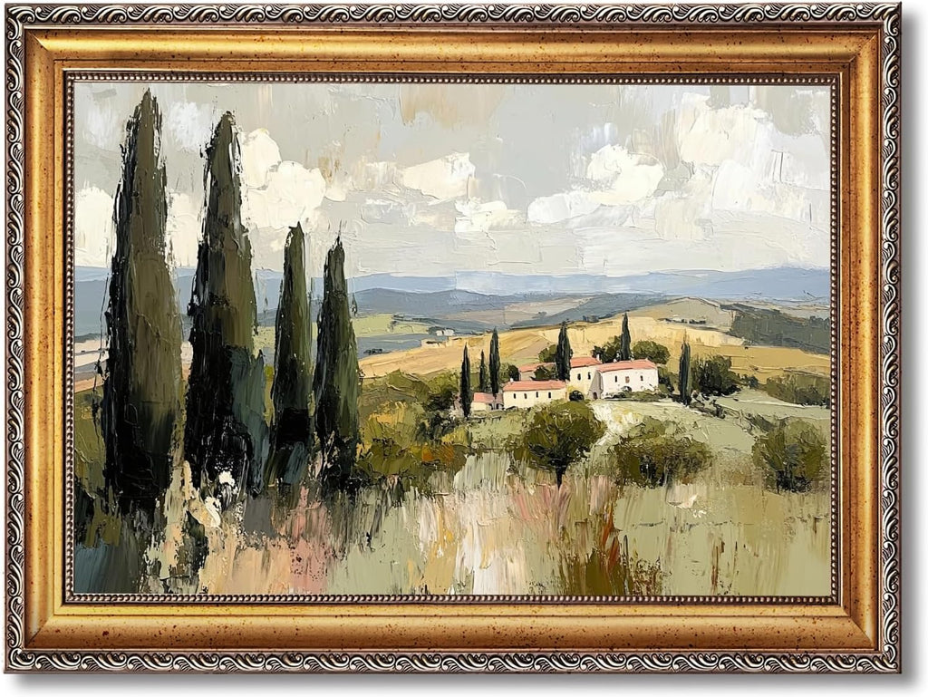 Large Framed Tuscan Cypress Countryside Oil Painting Poster Vintage Trees Rolling Hills Canvas Wall Art Italian Villa Landscape Artwork Print Retro Mediterranean Bedroom Home Decor 24x36inch