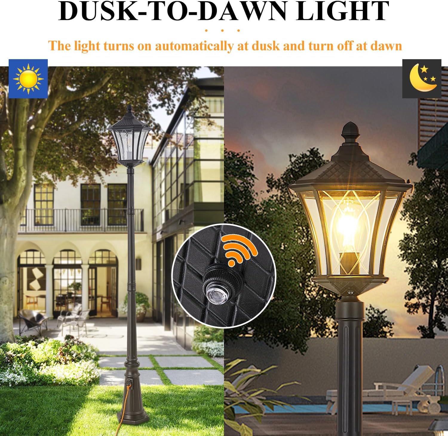 Outdoor Lamp Post Lights with Outlet, Dusk to Dawn Pole Lamp with Patterned Glass, Aluminum Waterproof Outside Street Light with Plug, Hardwired Black Light Pole for Backyard, Garden, Driveway