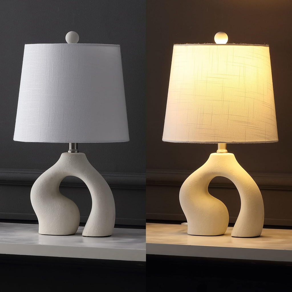 JONATHAN Y 19' Cream Ceramic Arch LED Table Lamp Set of 2, Scandinavian Minimalist Modern Bedside Lamps for Living Room Bedroom, White Linen Shade, LED Bulbs Included JYL5504A-SET2