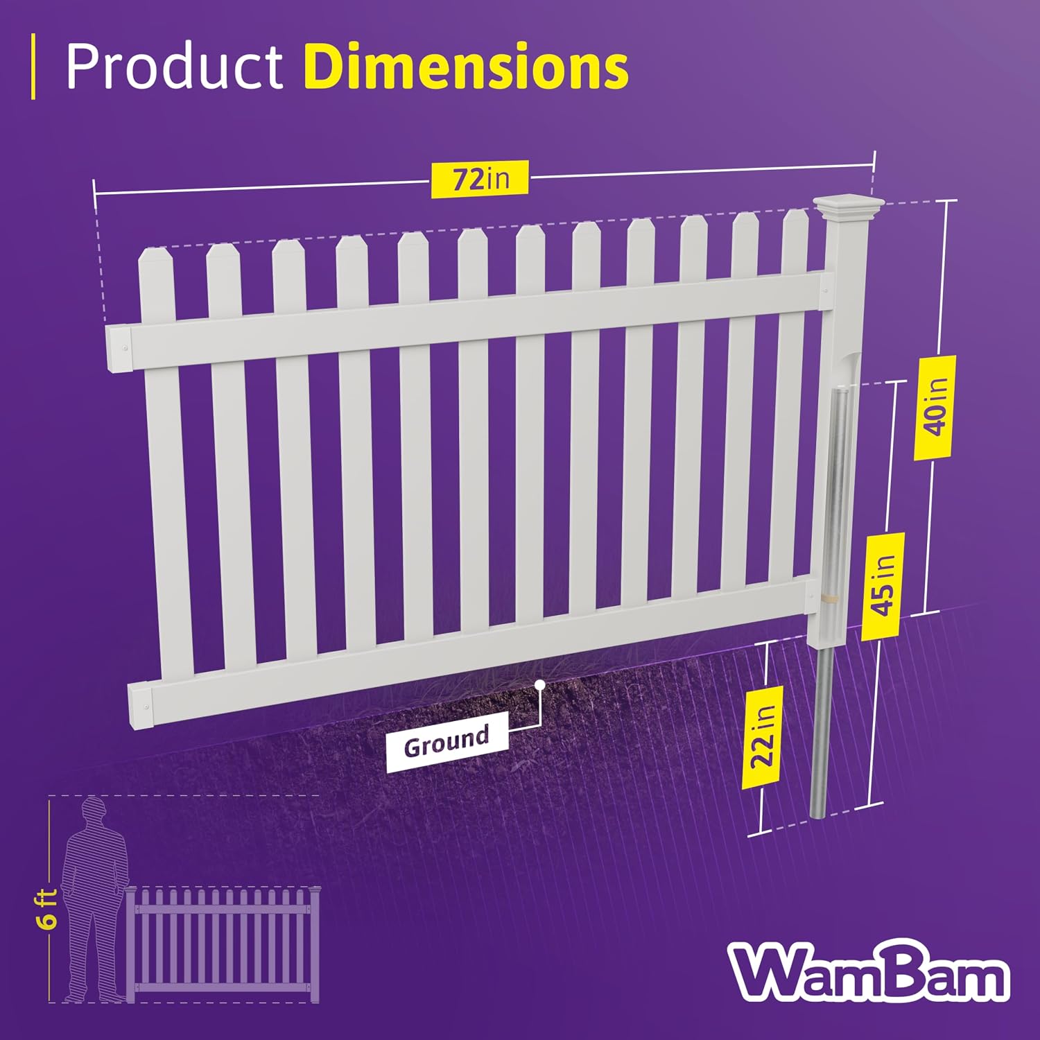 3.5ft H x 6ft W (1 Panel + 1 Post) No Dig WamBam All American Flat Top Fence Kit, White Vinyl Picket Fence, Easy Install Outdoor Barrier for Backyard or Patio, DIY Decorative Garden Border, ZP19084