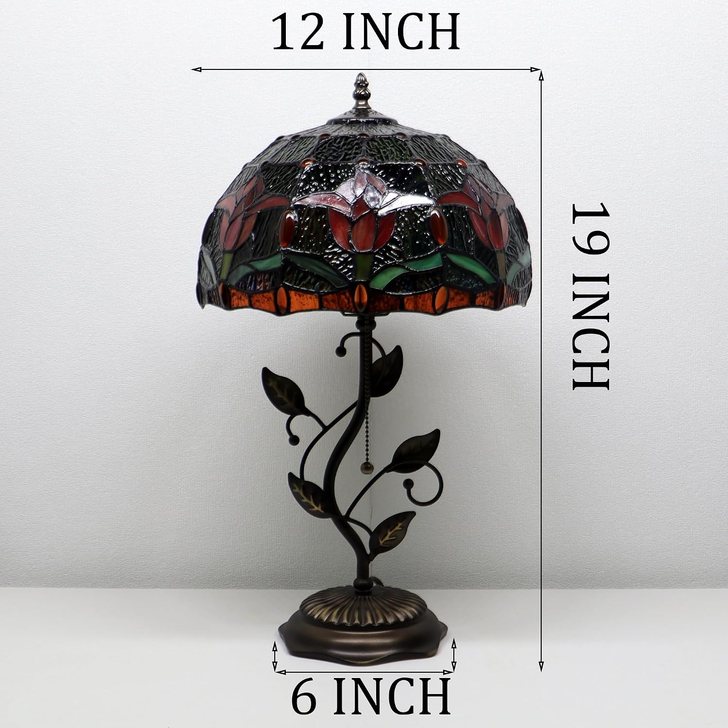 Tiffany Lamp Red Tulip Style Stained Glass Table Lamp Desk Bedside Reading Light 12X12X19 Inches with Metal Leaf Base