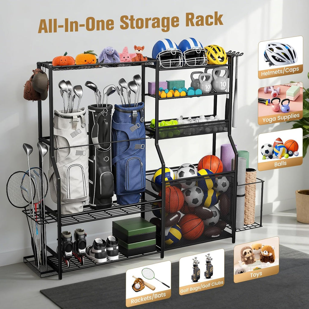 Garage Sports Equipment Organizer, 3 Golf Bag Organizer Stand Heavy-Duty Ball Storage Rack with Basket and Hooks, Ball Storage Cart for Toy Sports Gear Storage, Black
