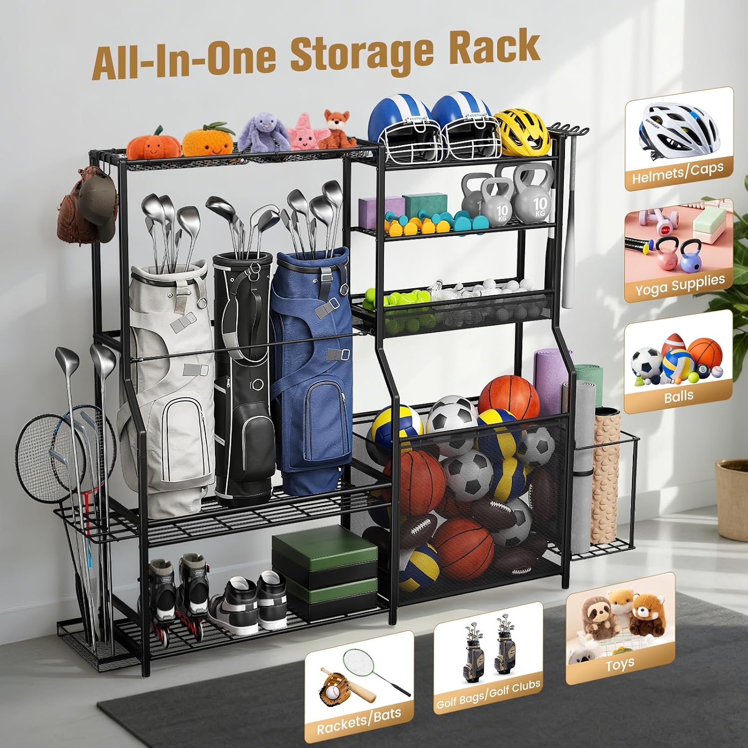 Garage Sports Equipment Organizer, 3 Golf Bag Organizer Stand Heavy-Duty Ball Storage Rack with Basket and Hooks, Ball Storage Cart for Toy Sports Gear Storage, Black