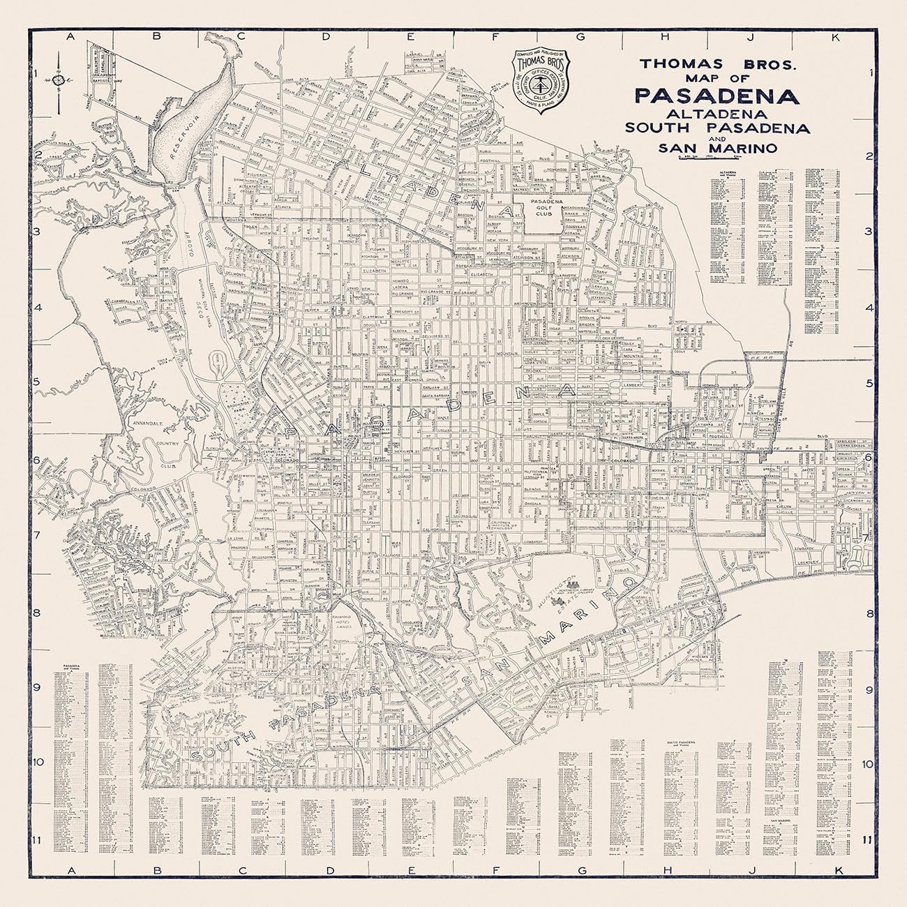 Historic Pictoric 1938 Pasadena, Altadena, South Pasadena & San Marino, California Road Map Print - 44in x 44in