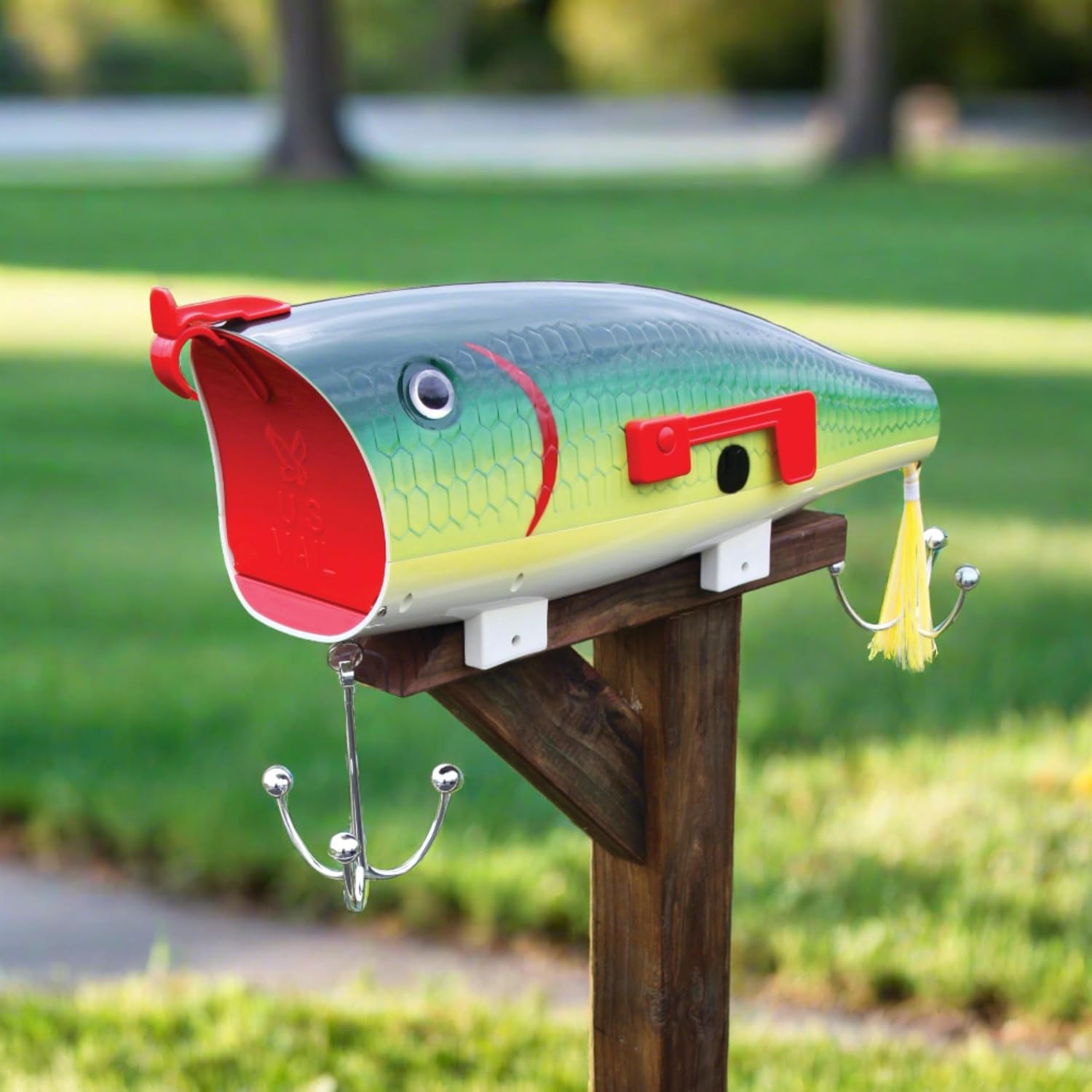 Rivers Edge Products Green Shad Fishing Lure Mailbox for Outside of Residential Home, Rural Mailbox Constructed of Metal with a Plastic Overmold, UV Resistant, Includes Mounting Hardware