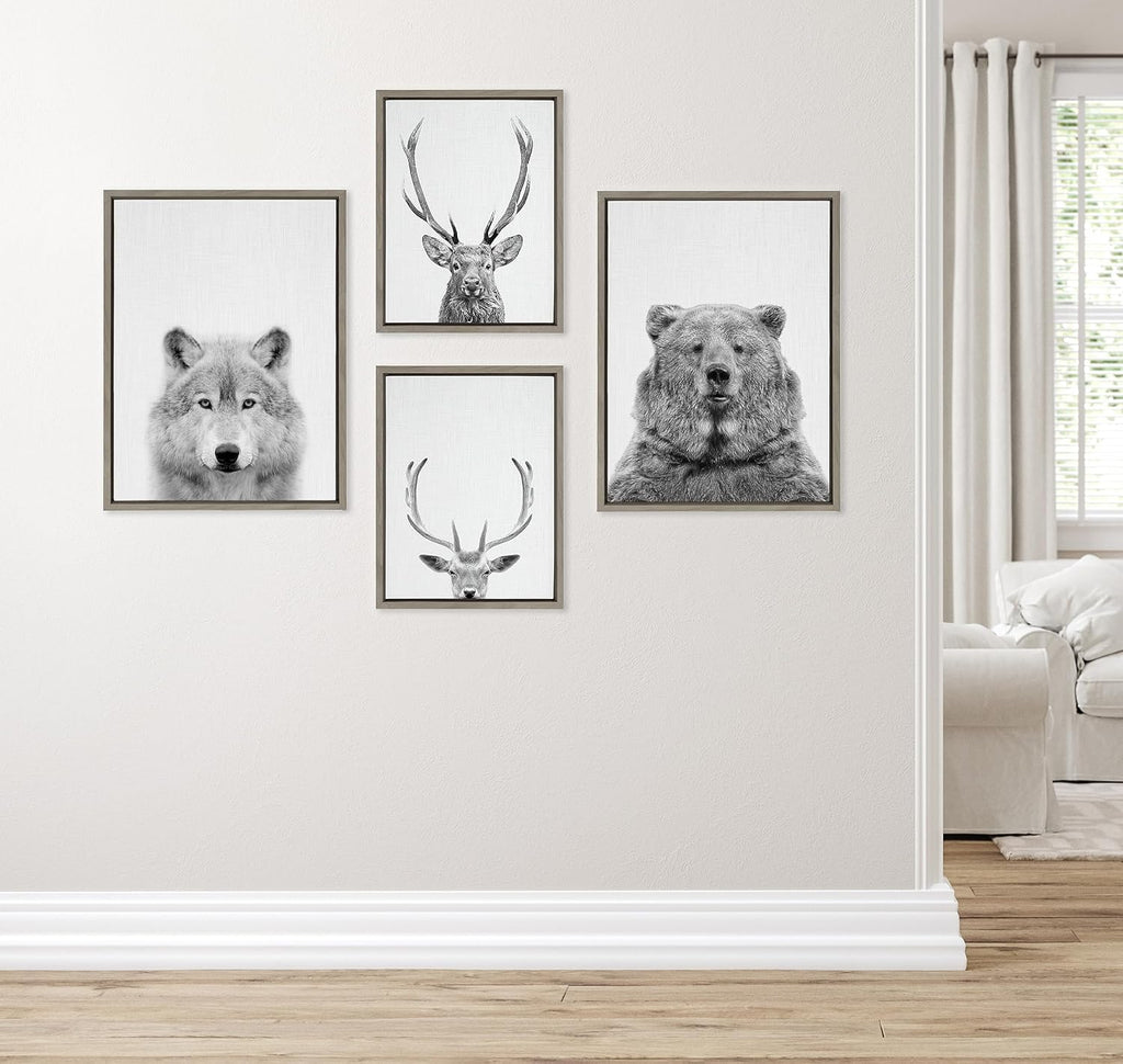 Kate and Laurel Sylvie Deer, Wolf, Bear European and Cervus Elaphus The Red Deer Black and White Framed Canvas Wall Art Set by Simon Te of Tai Prints, 4 Piece Set Gray, Animal Portrait Art