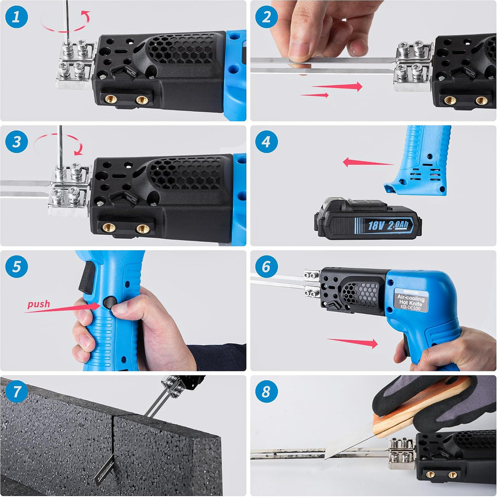 Cordless Air Cooling Pro Electric Hot Knife, 6 inch 3 Blades Foam Cutter Cutting Tool Kit with Heavy-Duty Case & one 18V 2.0 Ah Battery for EPP, EPS, XPS, EVA, EPE, PU, KT Board, Sponge